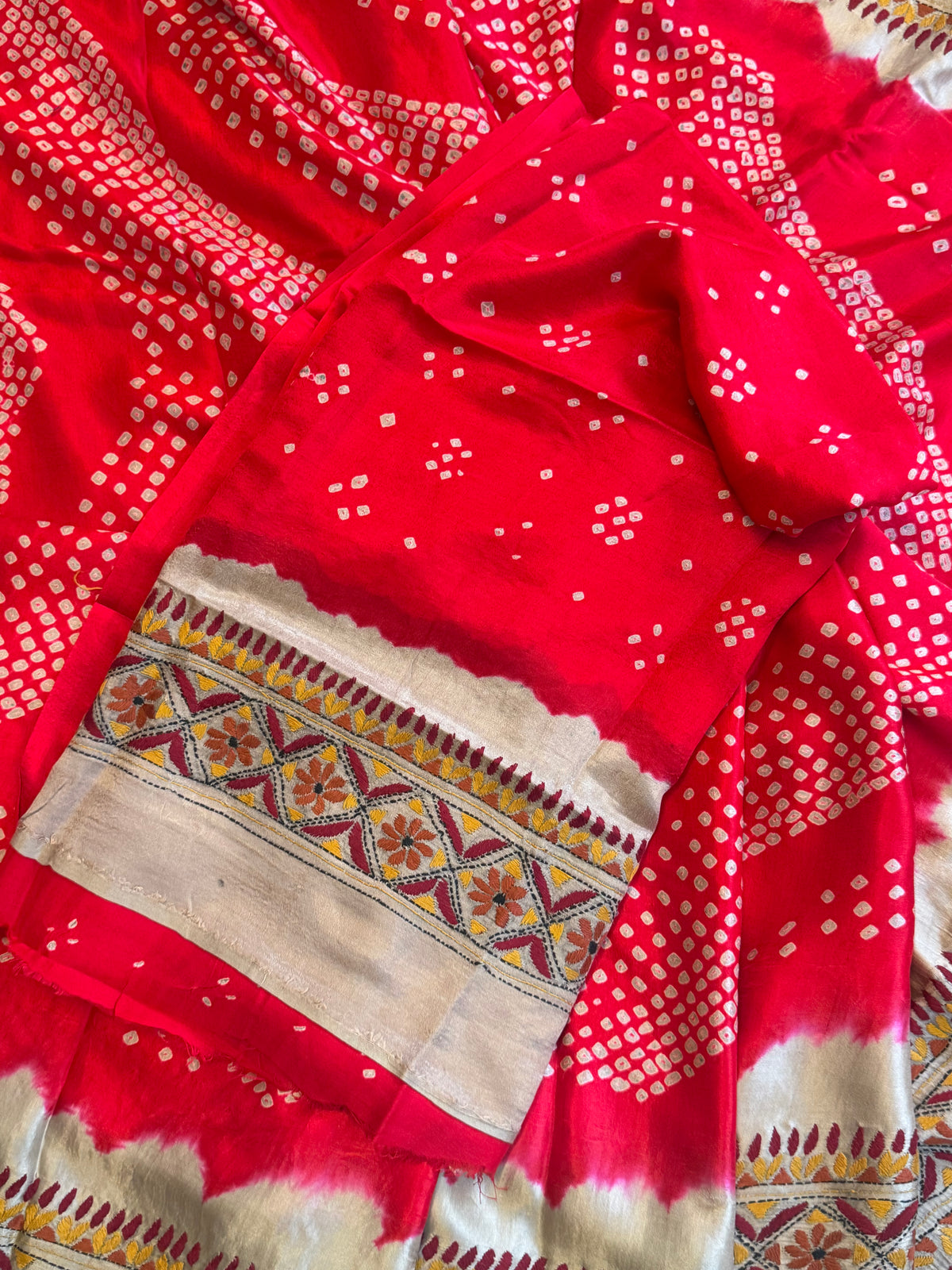 Reddish orange Bandhini with Kantha work in gajji silk