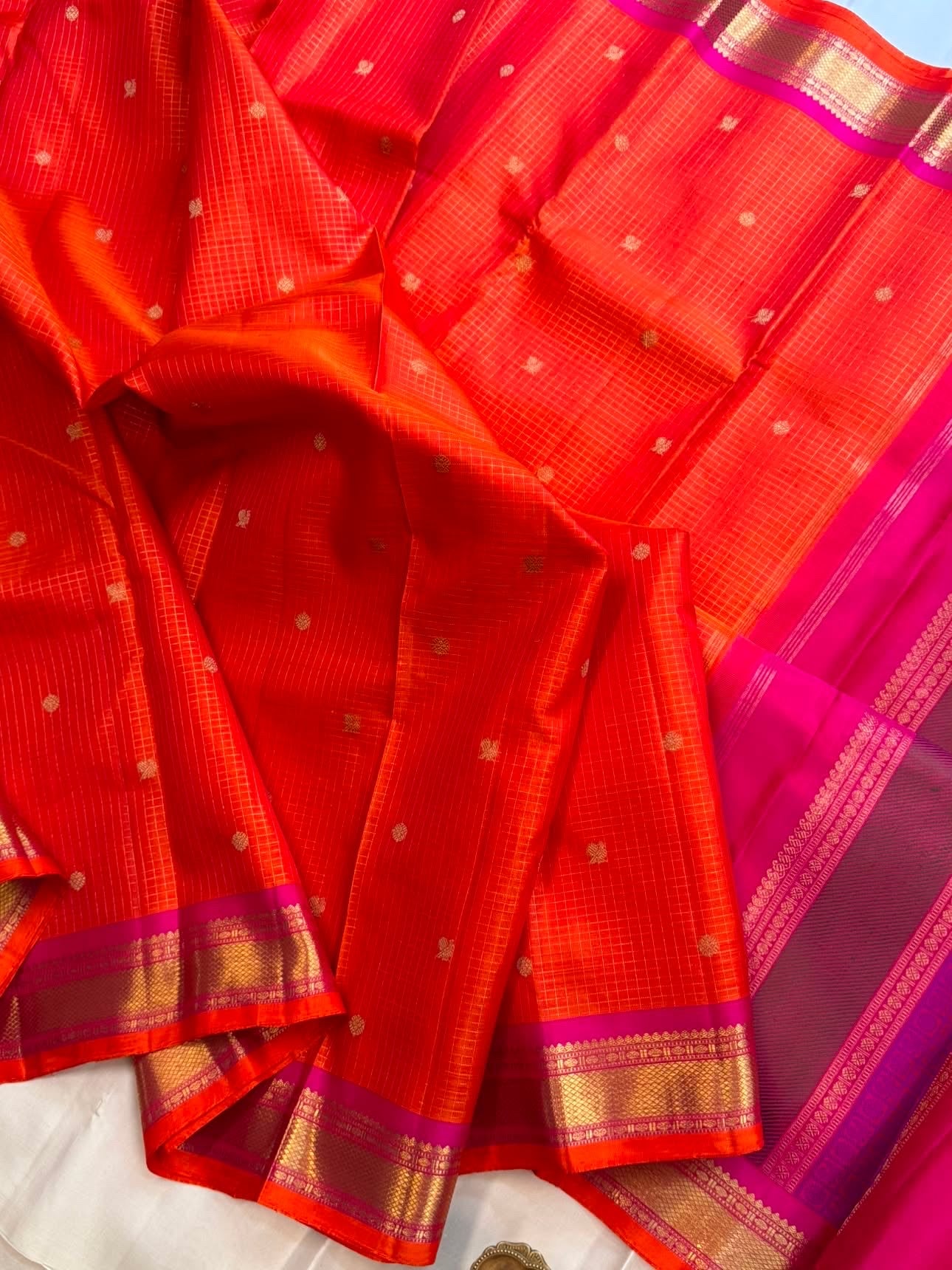 Orange and pink pure Zari Kattam / kanjipuram silk saree CLSA 6958