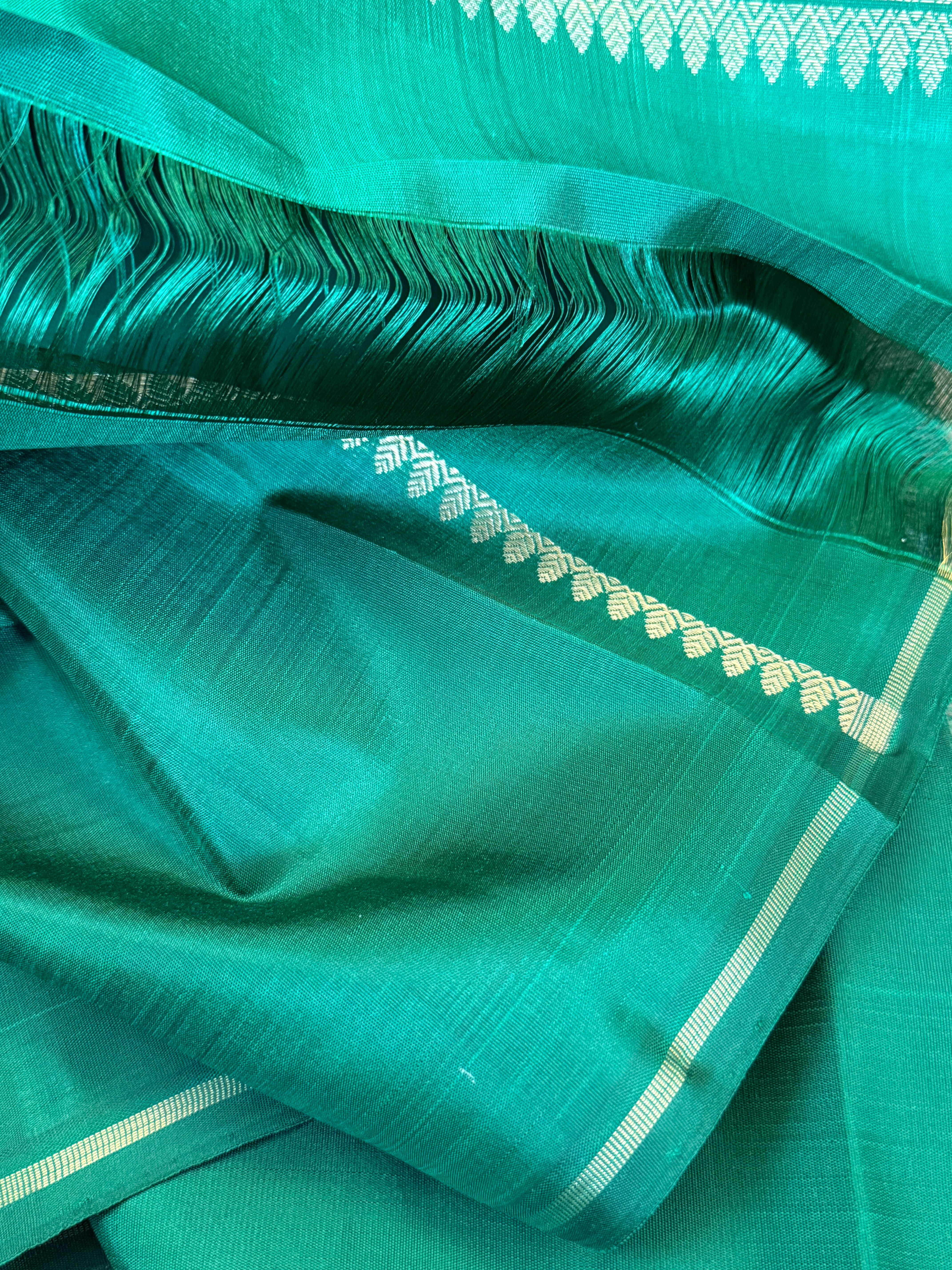 Mustard yellow with green Organza border less saree