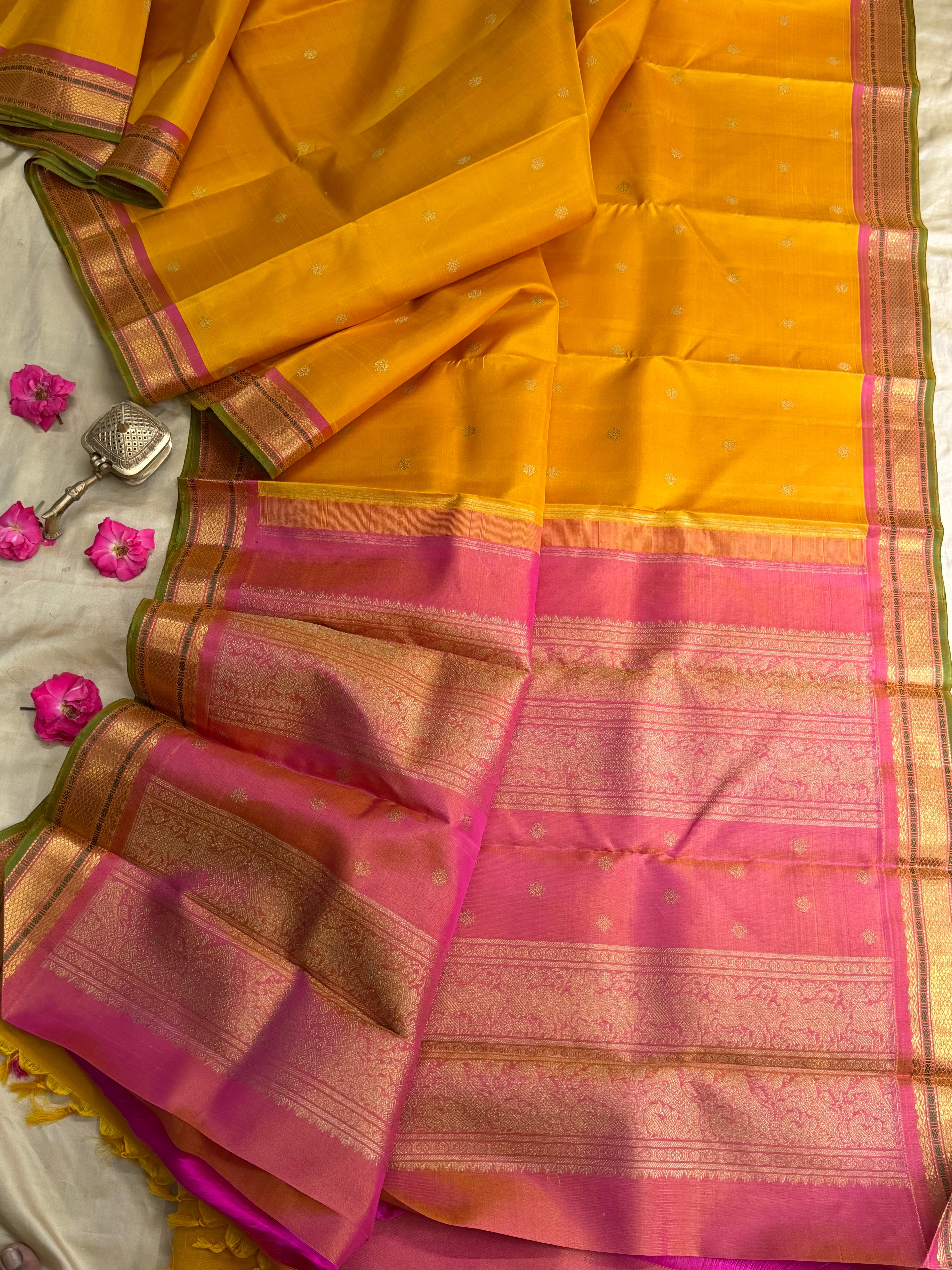 Golden mustard yellow small border pure Zari Kanjipuram silk CLSA9057