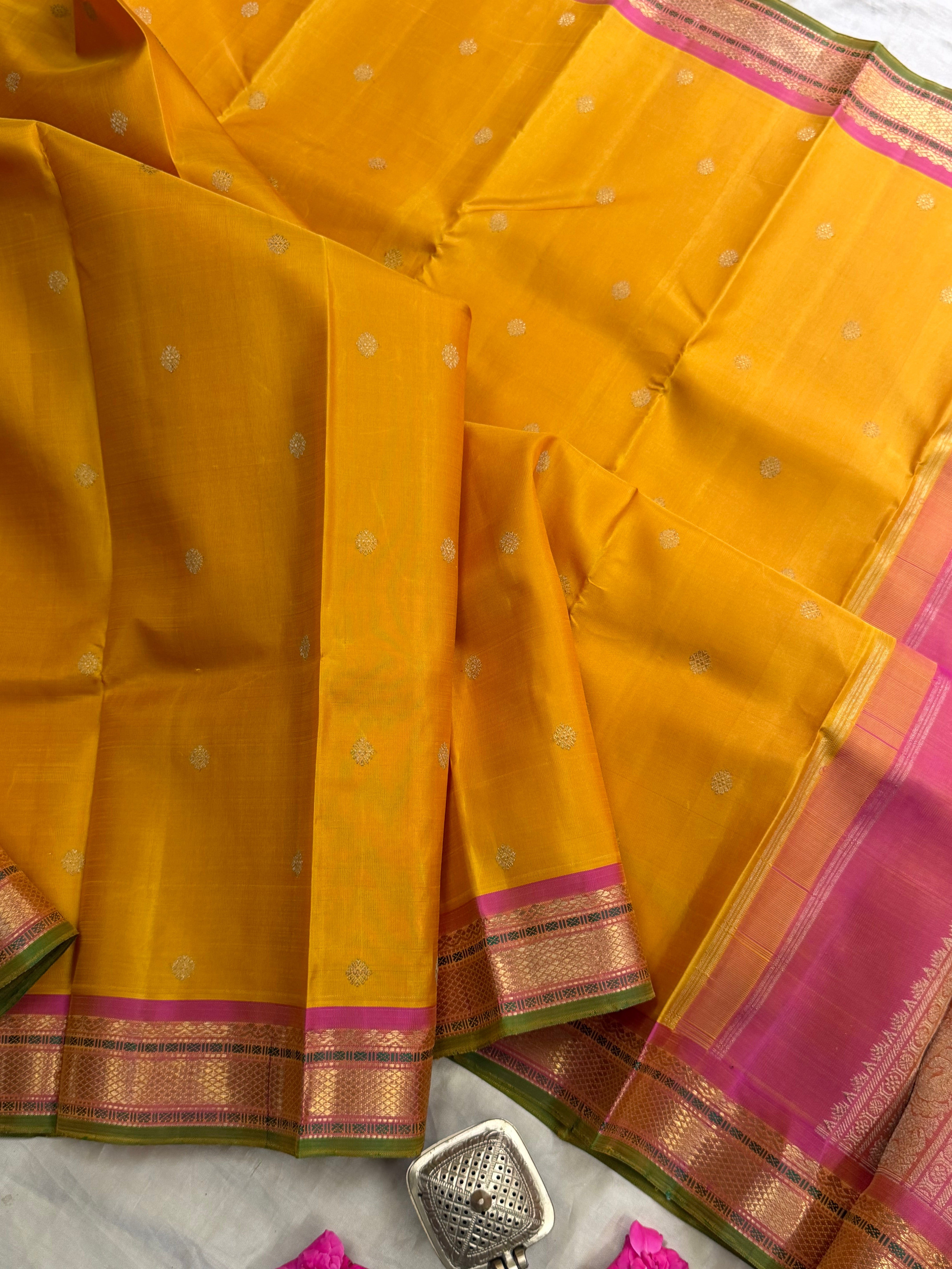 Golden mustard yellow small border pure Zari Kanjipuram silk CLSA9057