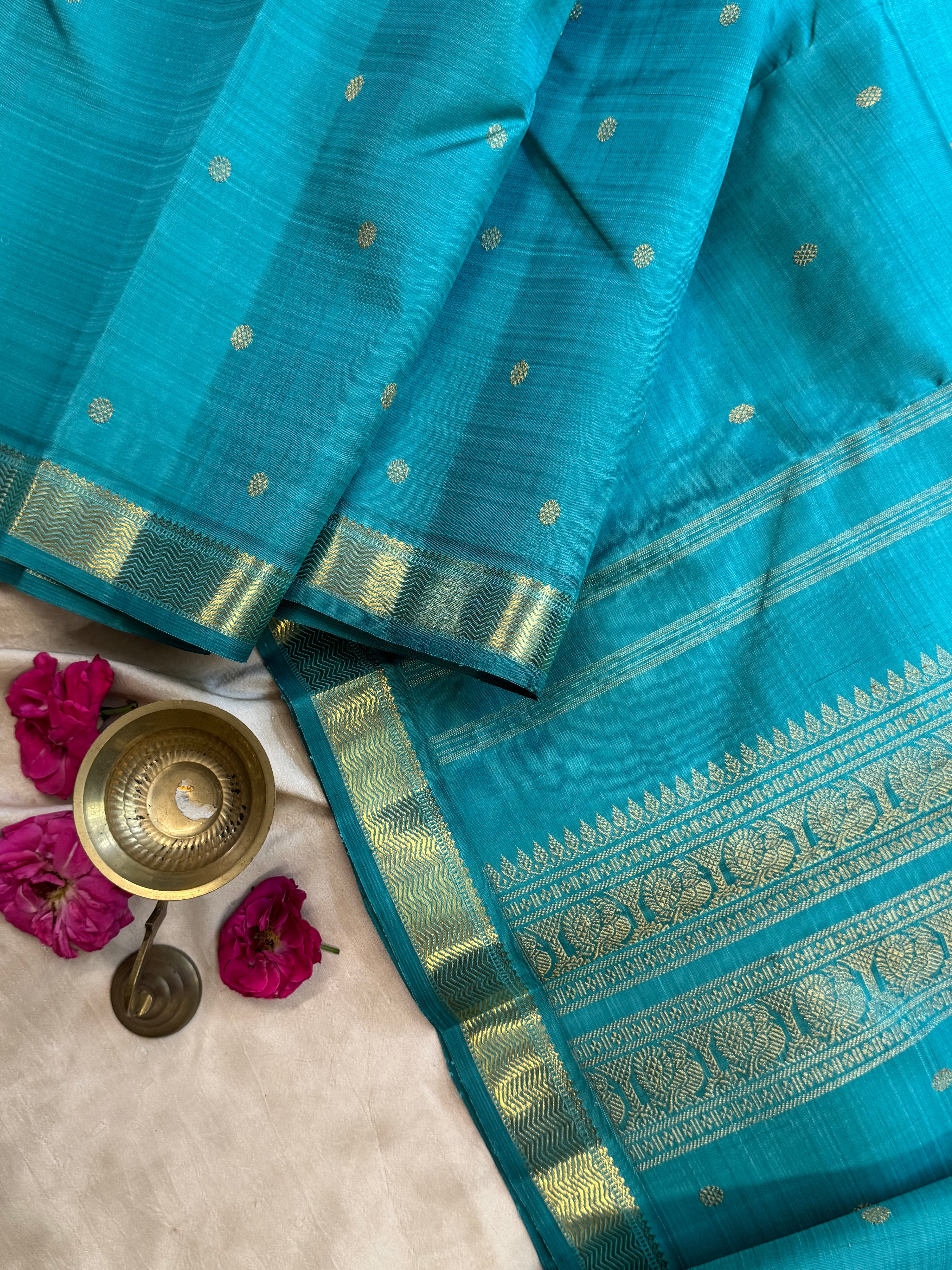 Light teal blue small border kanjipuram silk