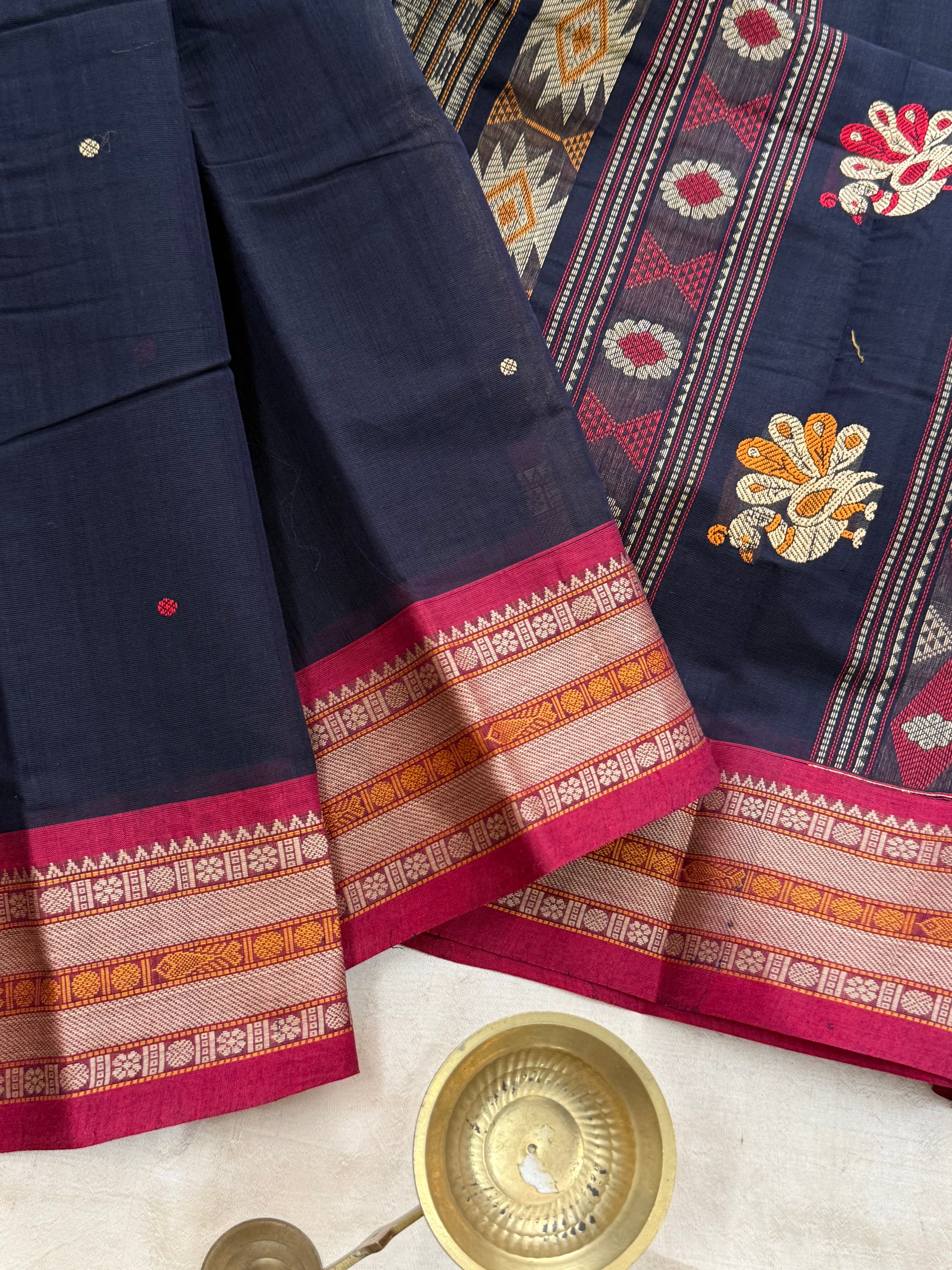 Deep blue and red unique pallu/ Kanchi Cotton