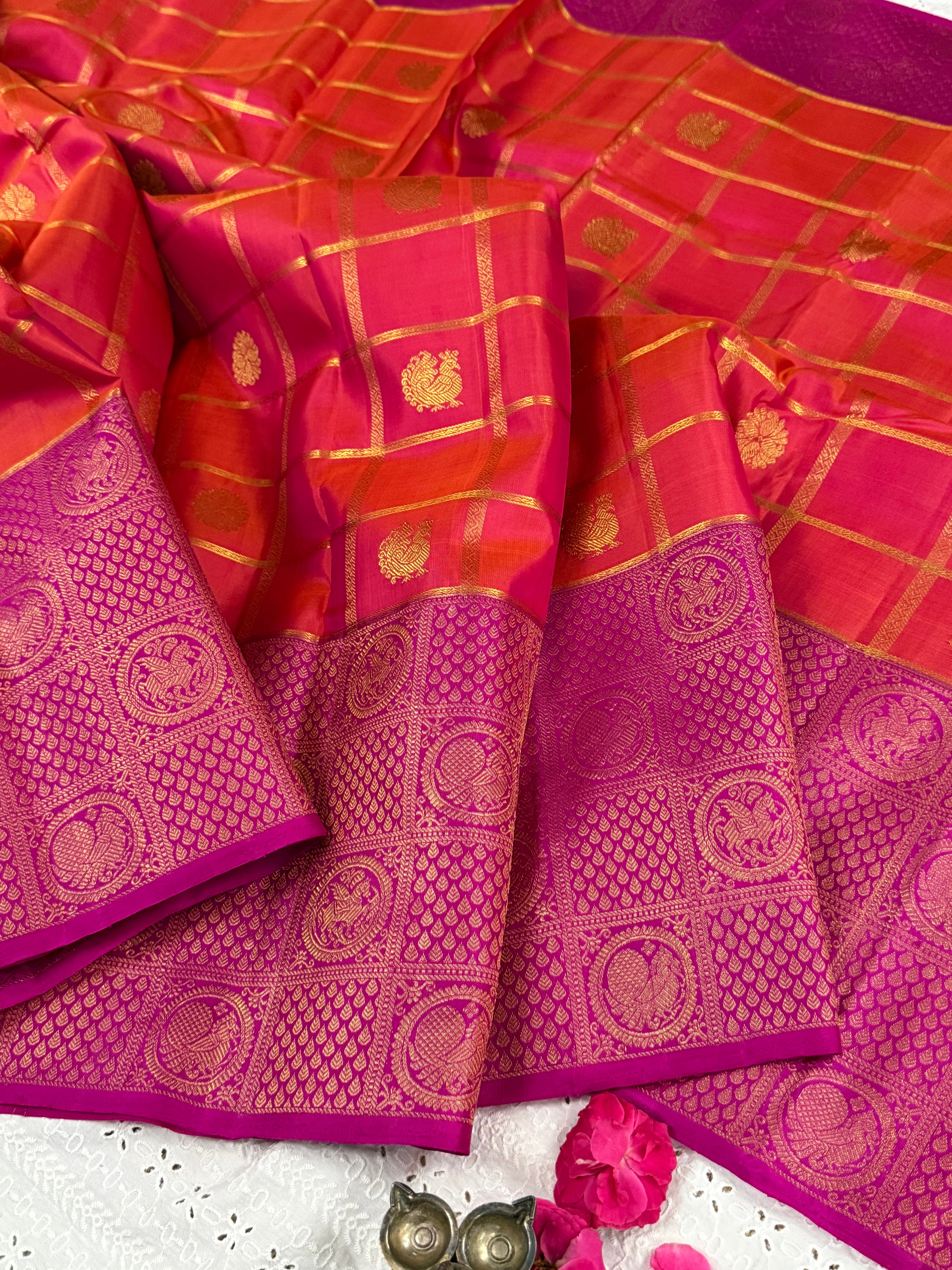 Orange kattam and pink brocade style border / Arani silk