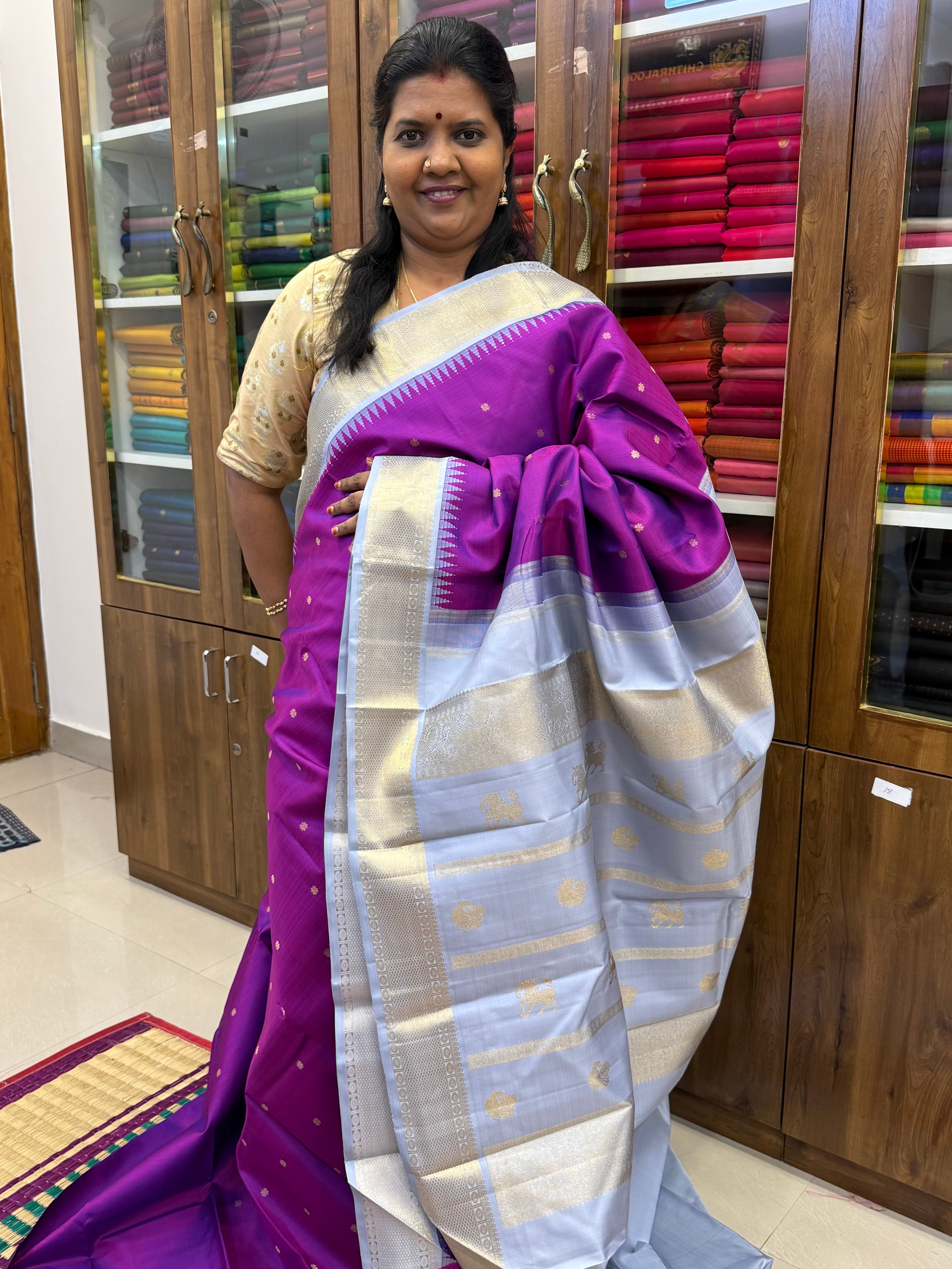 Aubergine colour Korvai kanjipuram silk