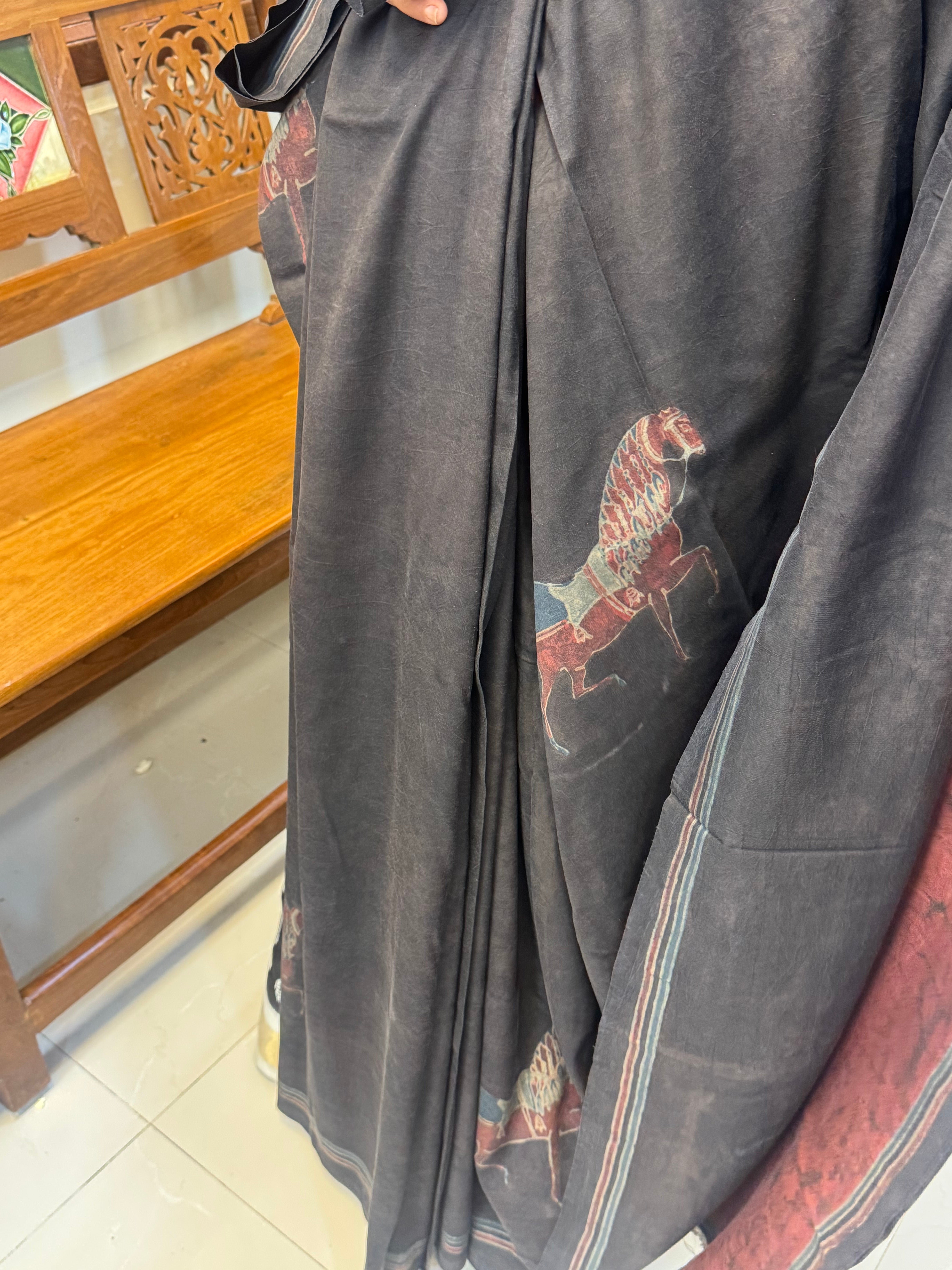 Black Horse printed Pracheen Ajrakh in pure silk