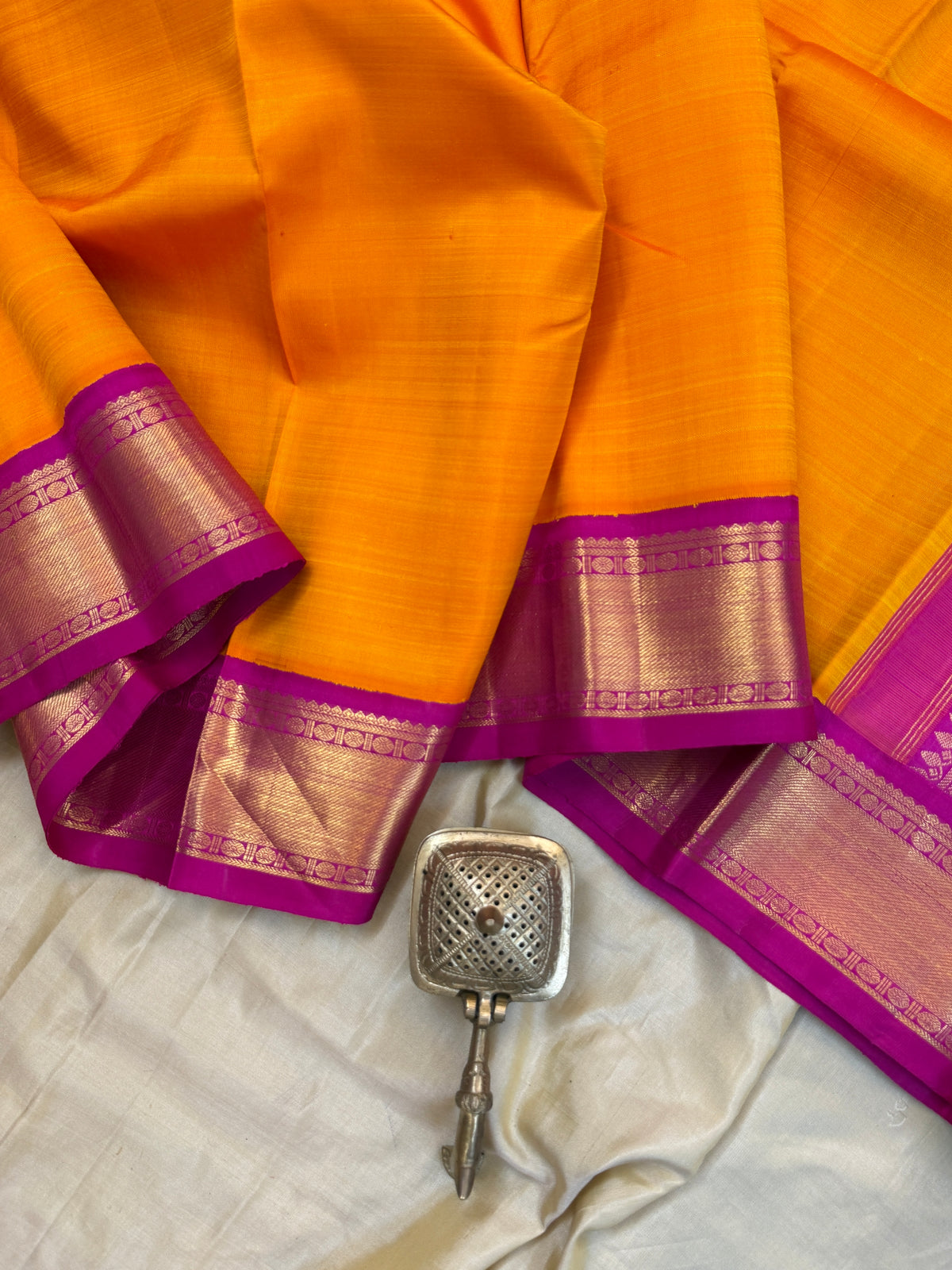 Mango yellow and pink border Korvai/Aarani silk saree clsa 6689
