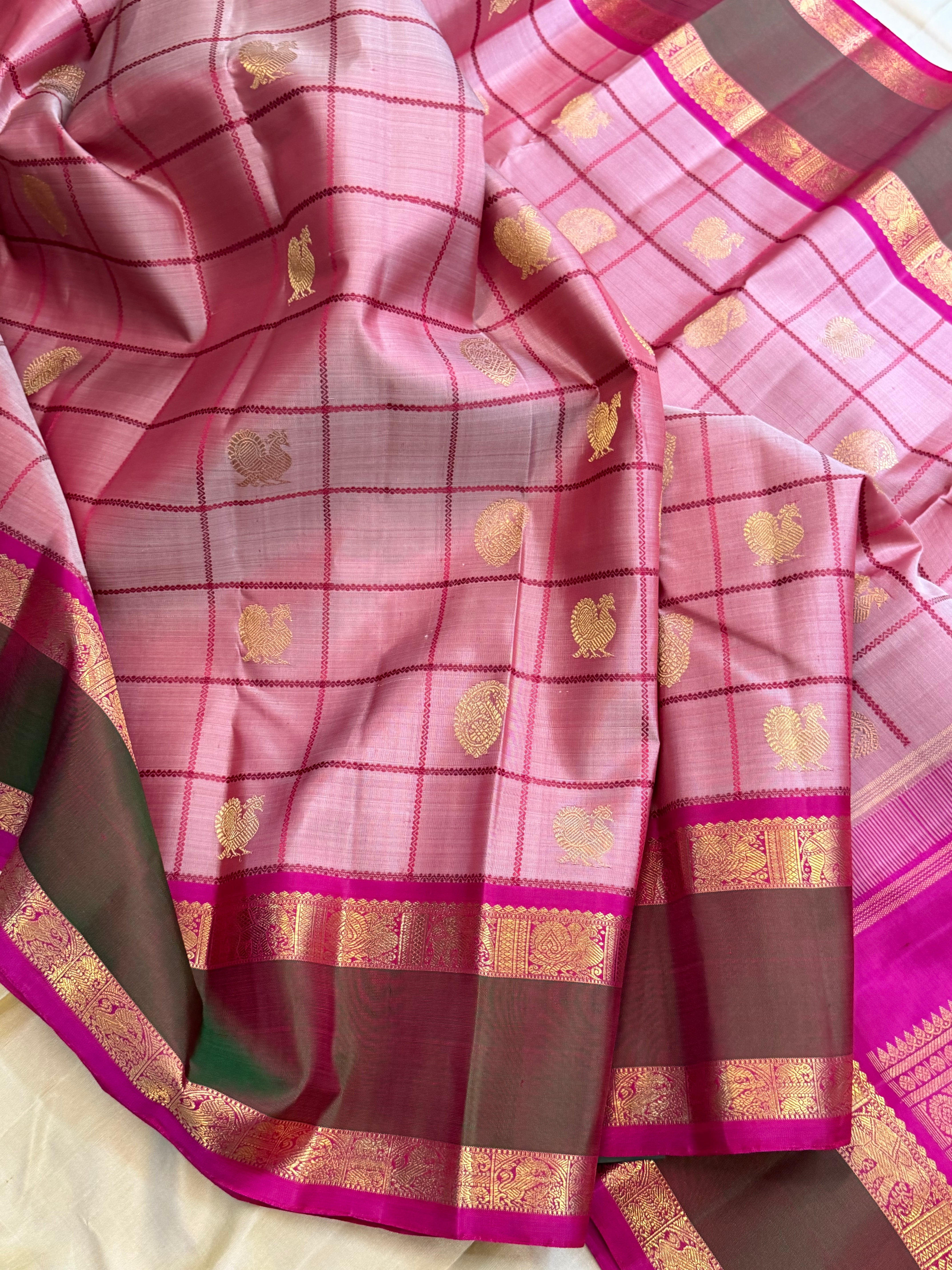 Mann : bud rose Kattam earthy hues in pure Zari Kanjipuram silk