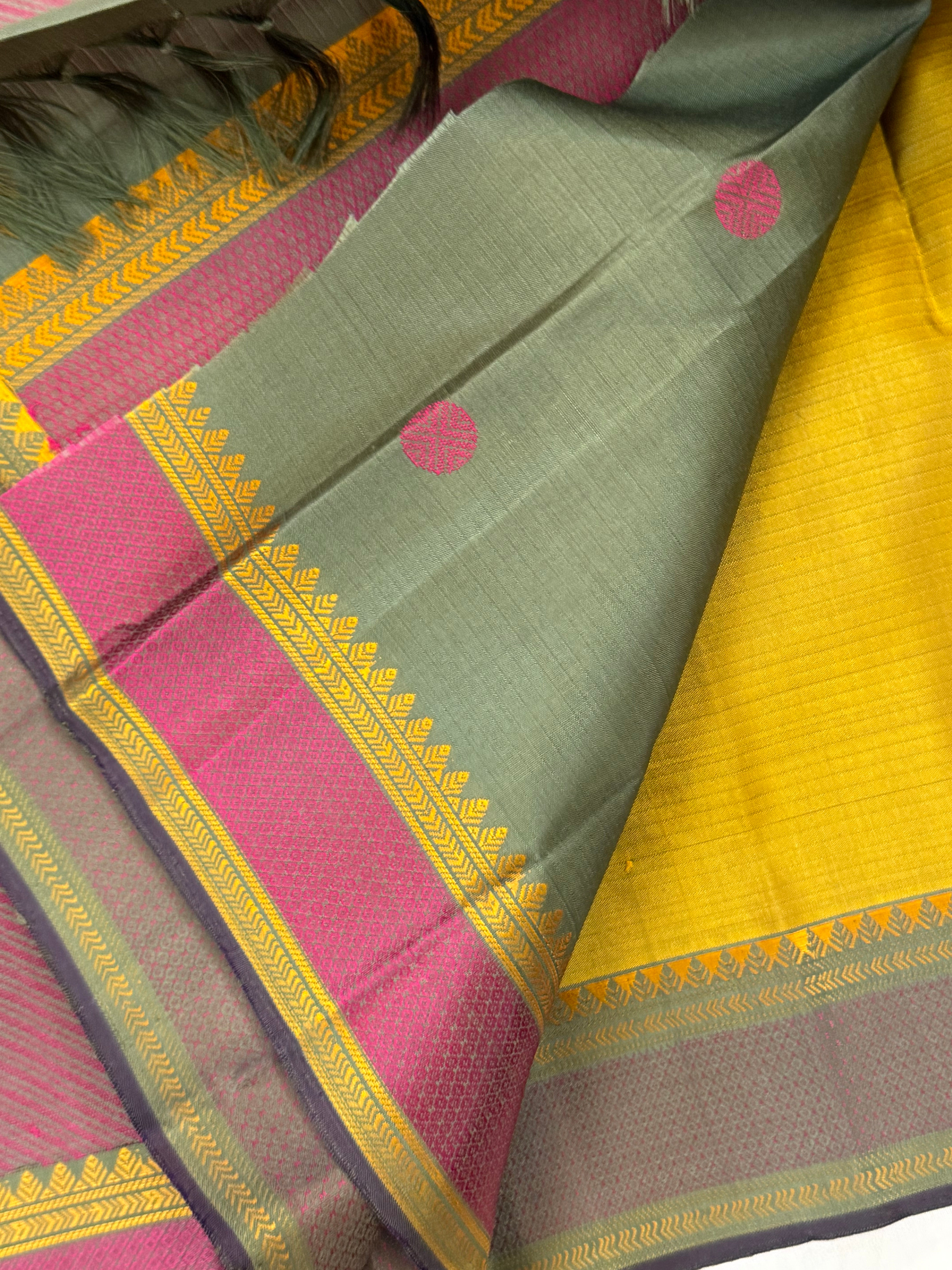Mustard and pink small border/ Varnangal thread work /CLSA 11271