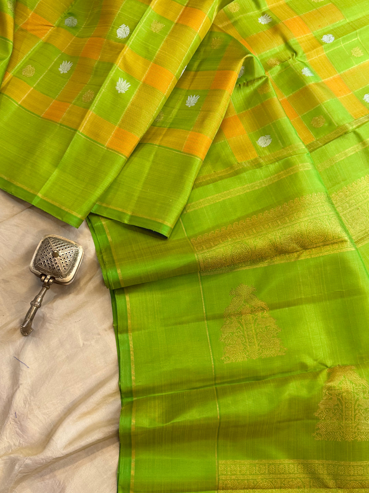 Lime green Chettinad Kattam - pure Zari Kanjipuram silk