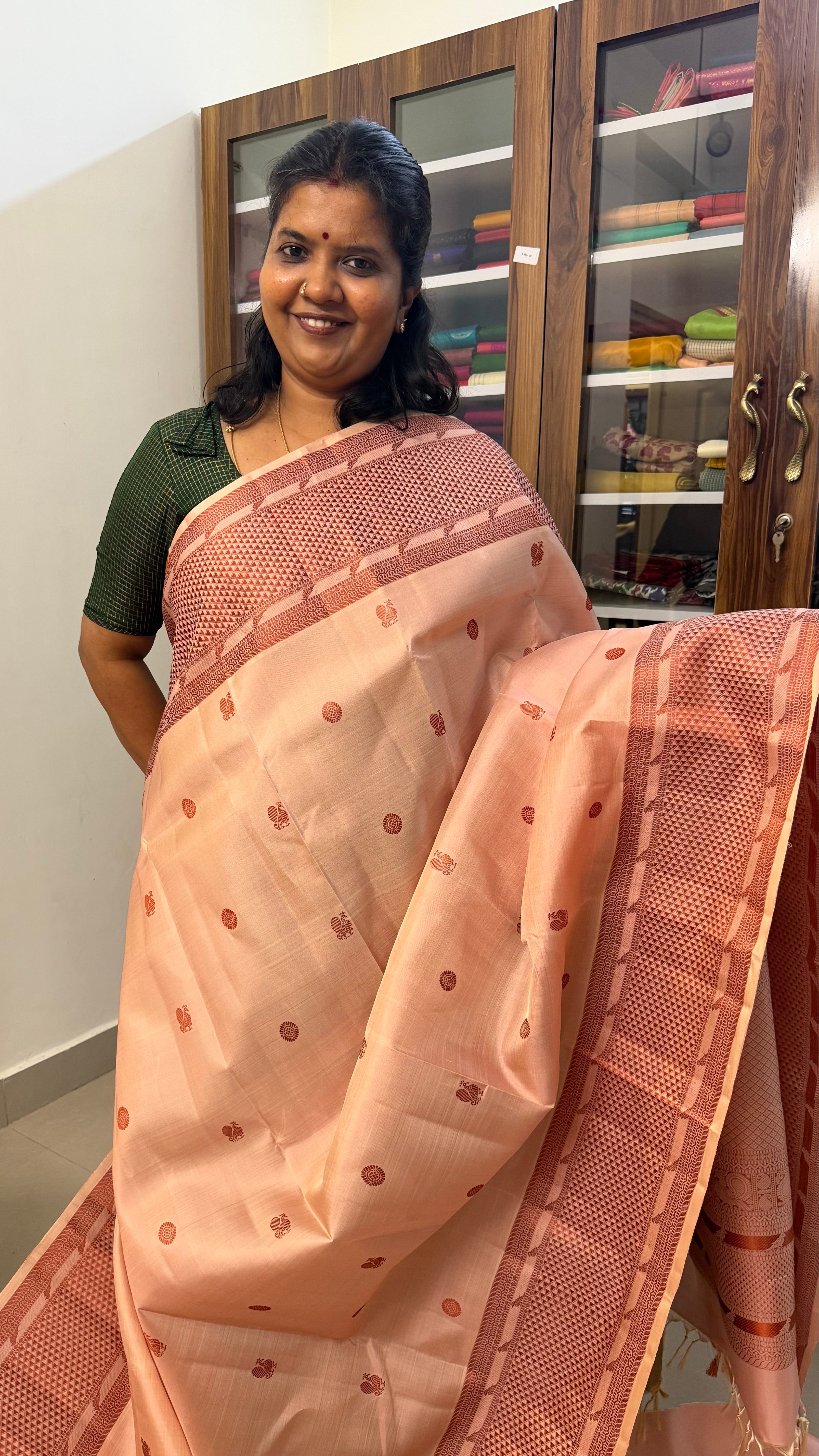 Caramel on brown Kili thread work Kanjipuram silk