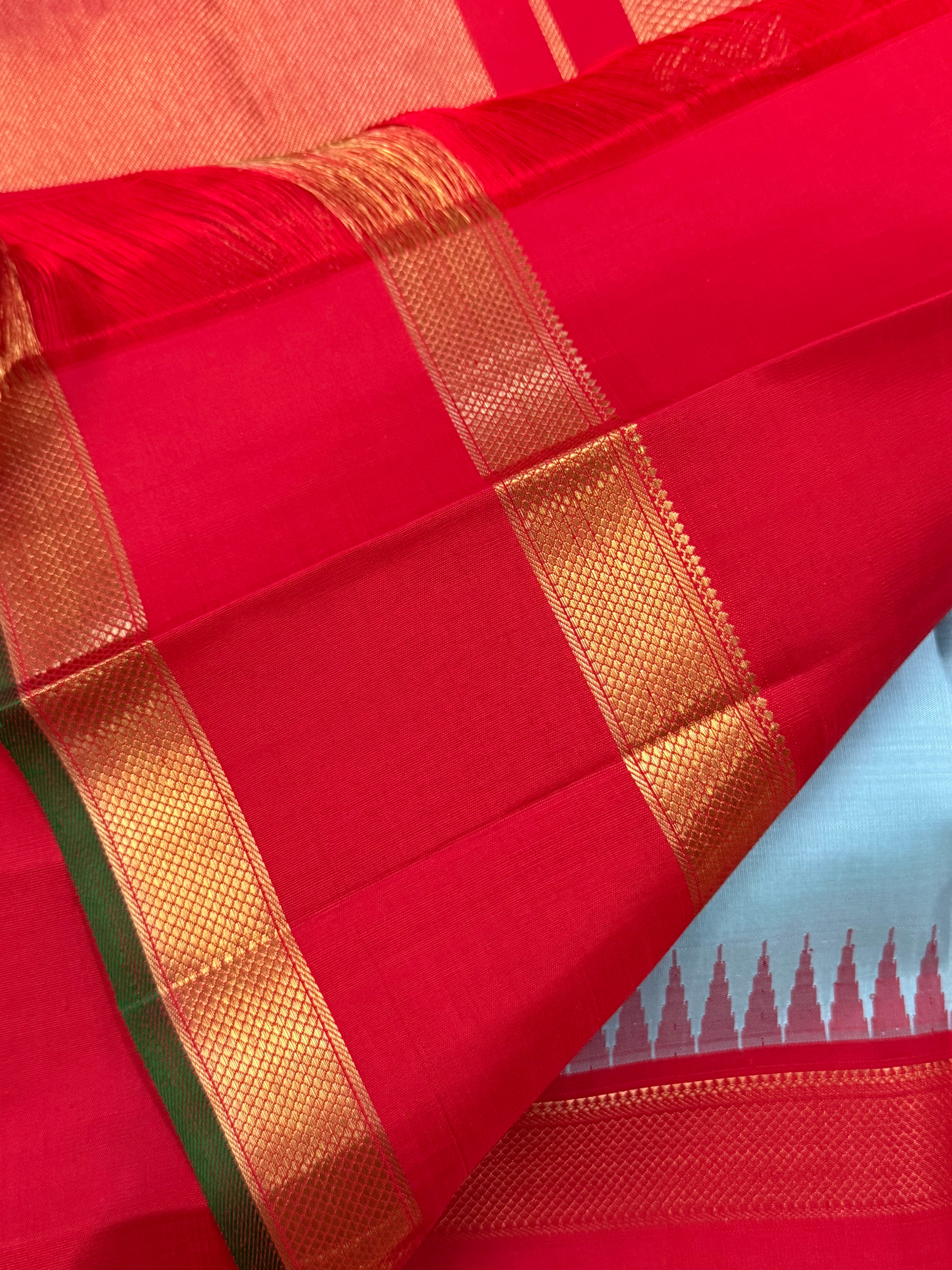 Sky blue and Red rettapet border kai korvai/ Kanjipuram silk