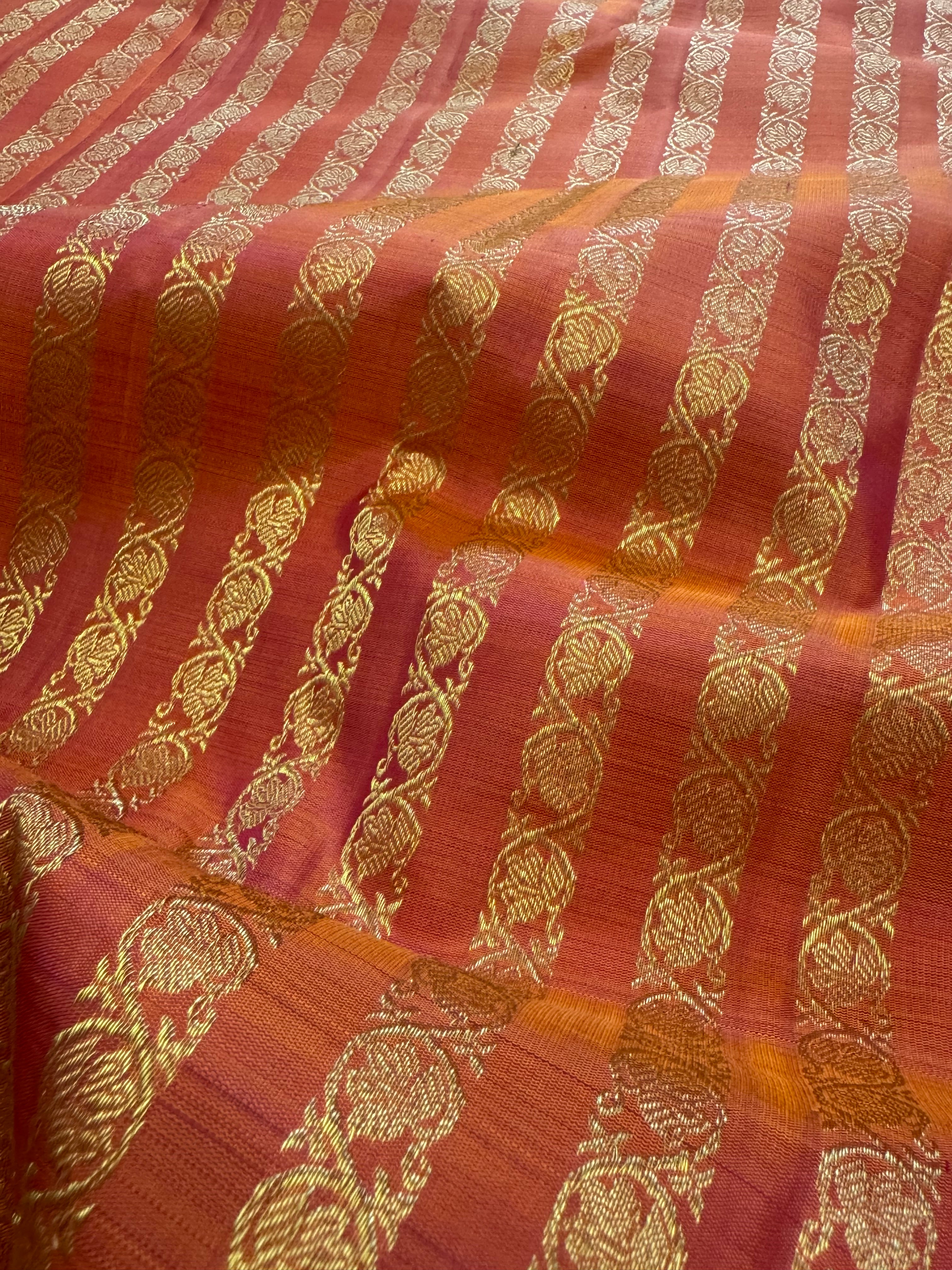 Rustic orange zari stripes pattern / Kanjipuram blouse fabric (per metre)