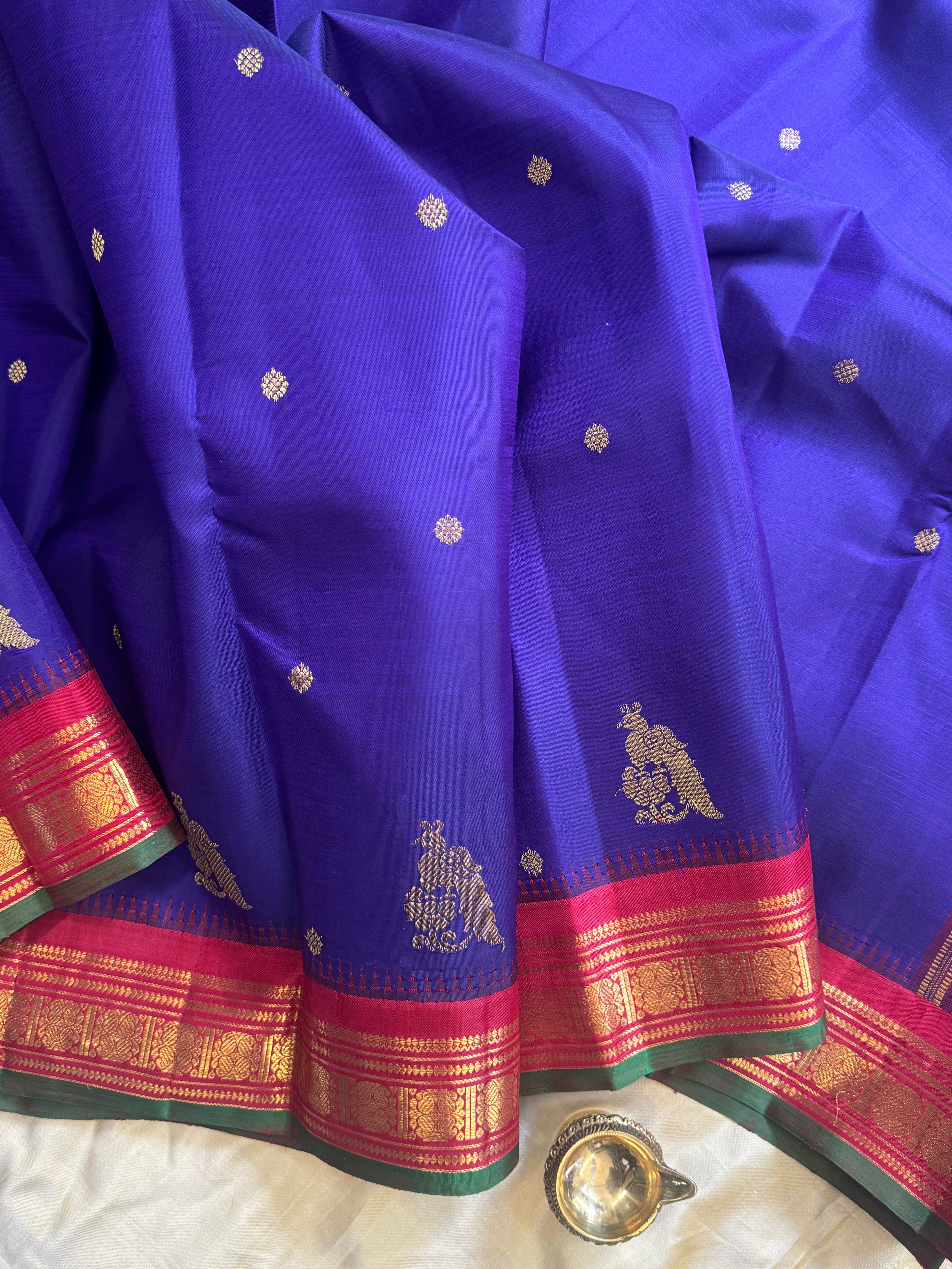 Purplish blue and pink kai korvai/ kanjipuram silk