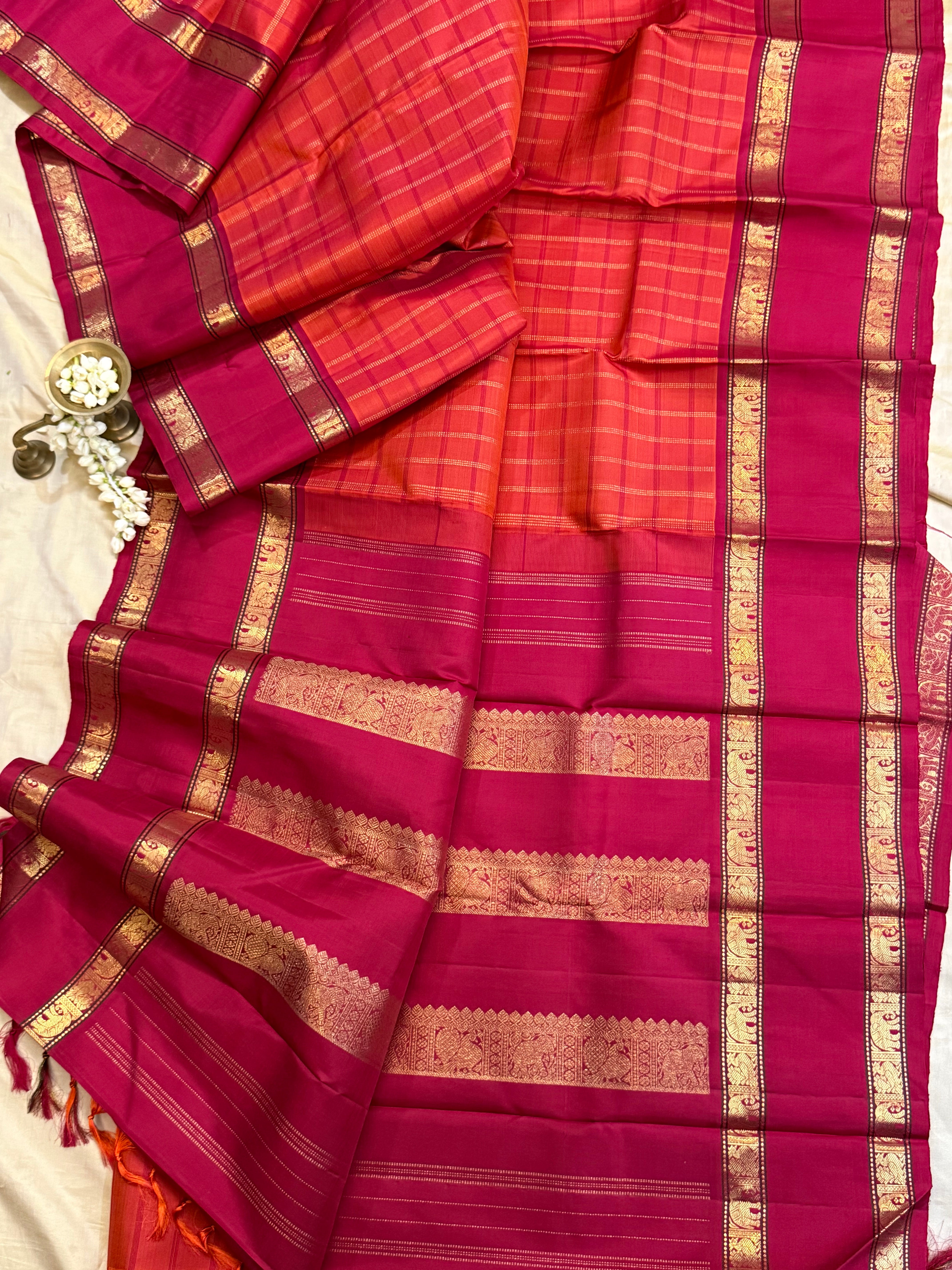 Rustic orange and Red kattam rettapet border/ Kanjipuram silk