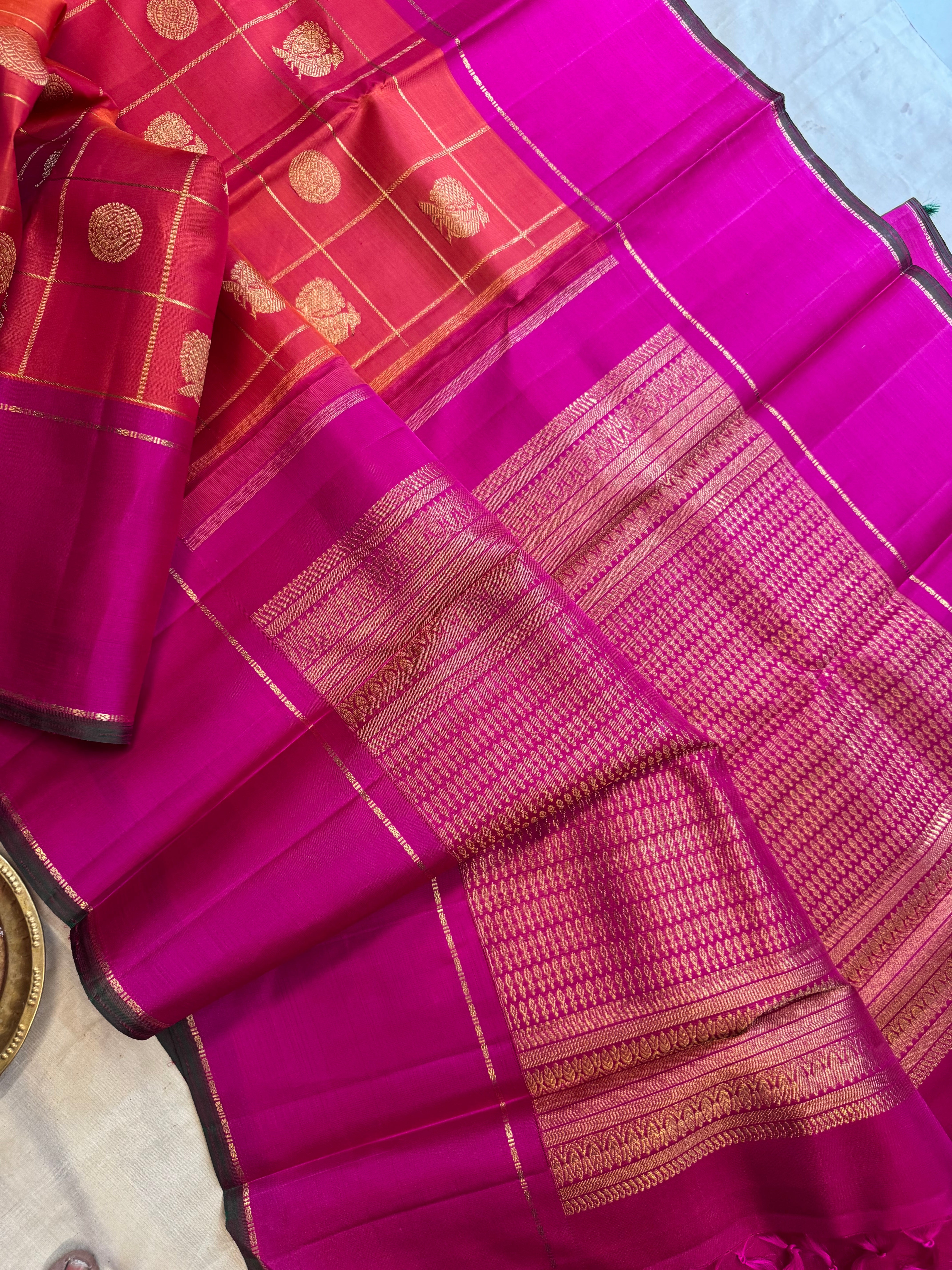 Rustic orange with pink border.   / Bridal edit kanjipuram silk