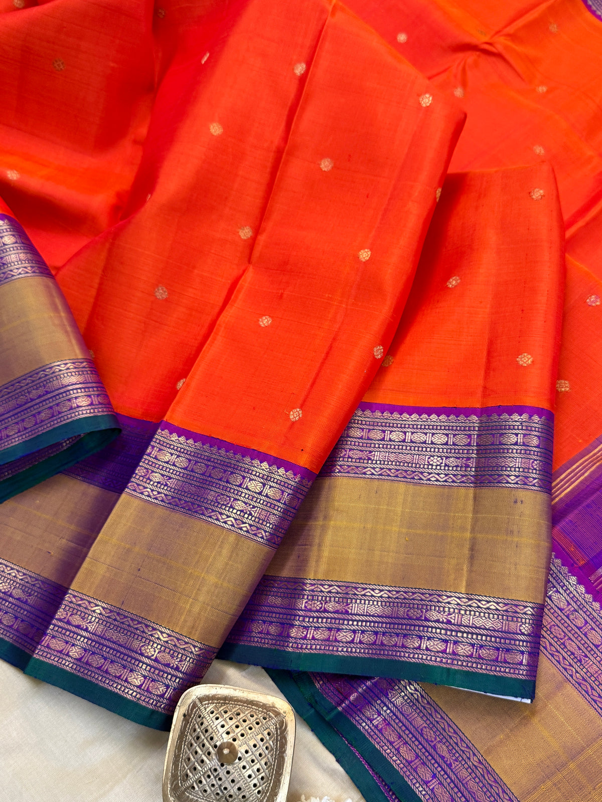 Navarathri - Day 5 Orange Colour pure Zari butta Rettapet Korvai /Kanjipuram silk sree Clsa4987