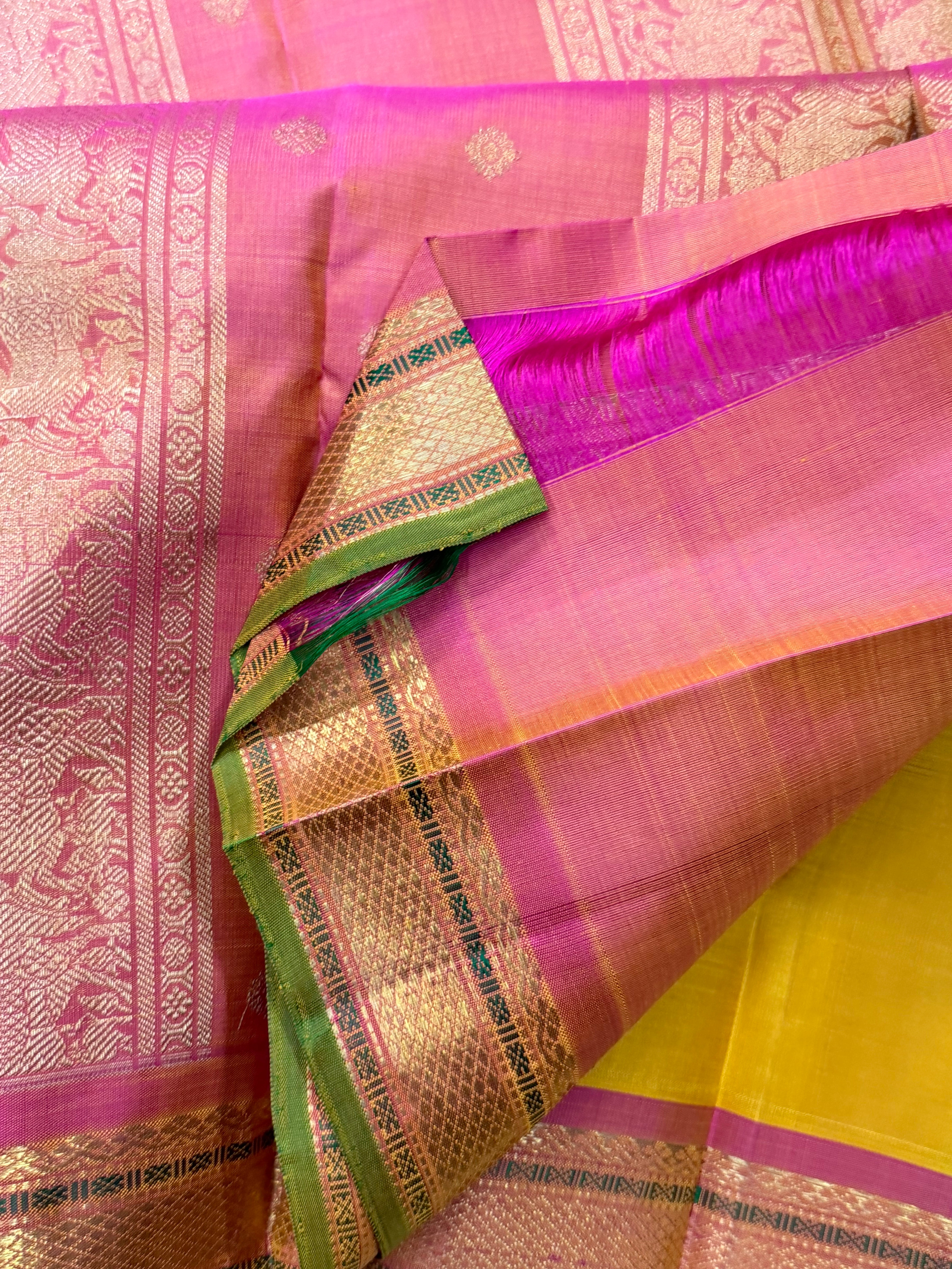 Golden mustard yellow small border pure Zari Kanjipuram silk CLSA9057