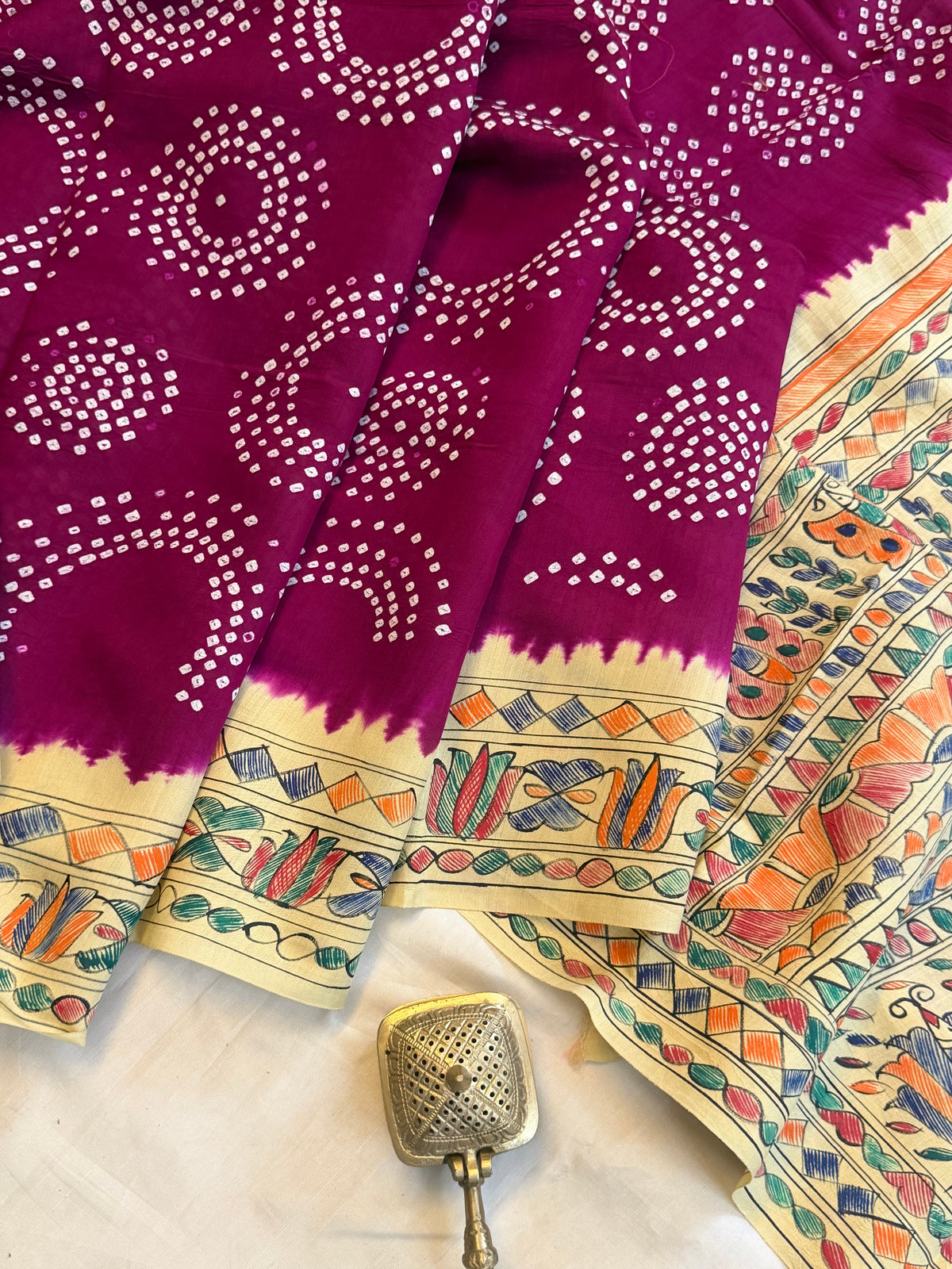 Purple  Bandhini with Madhubani work in silk