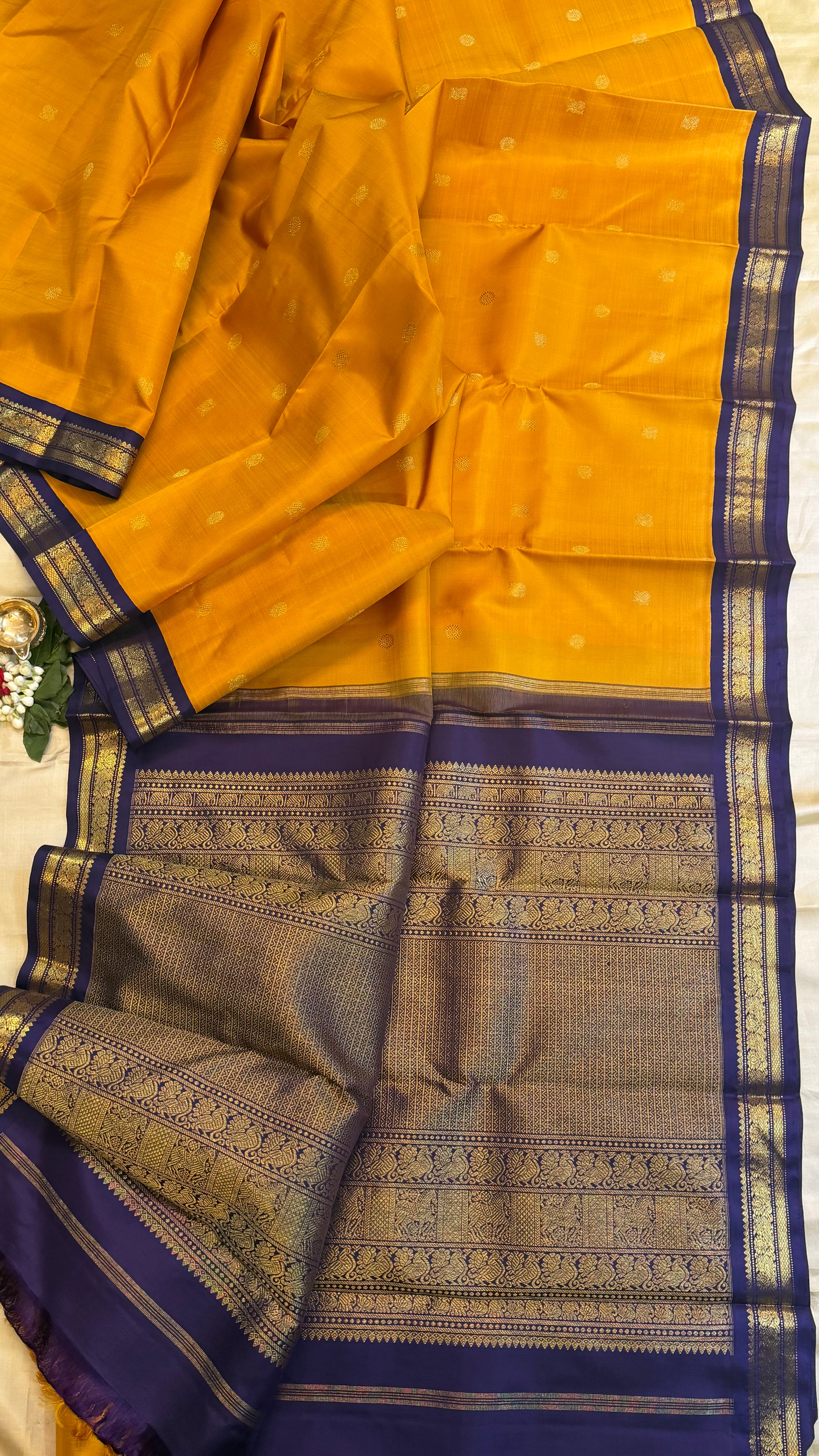 Golden yellow and dark blue kai korvai/ Kanjipuram Silk