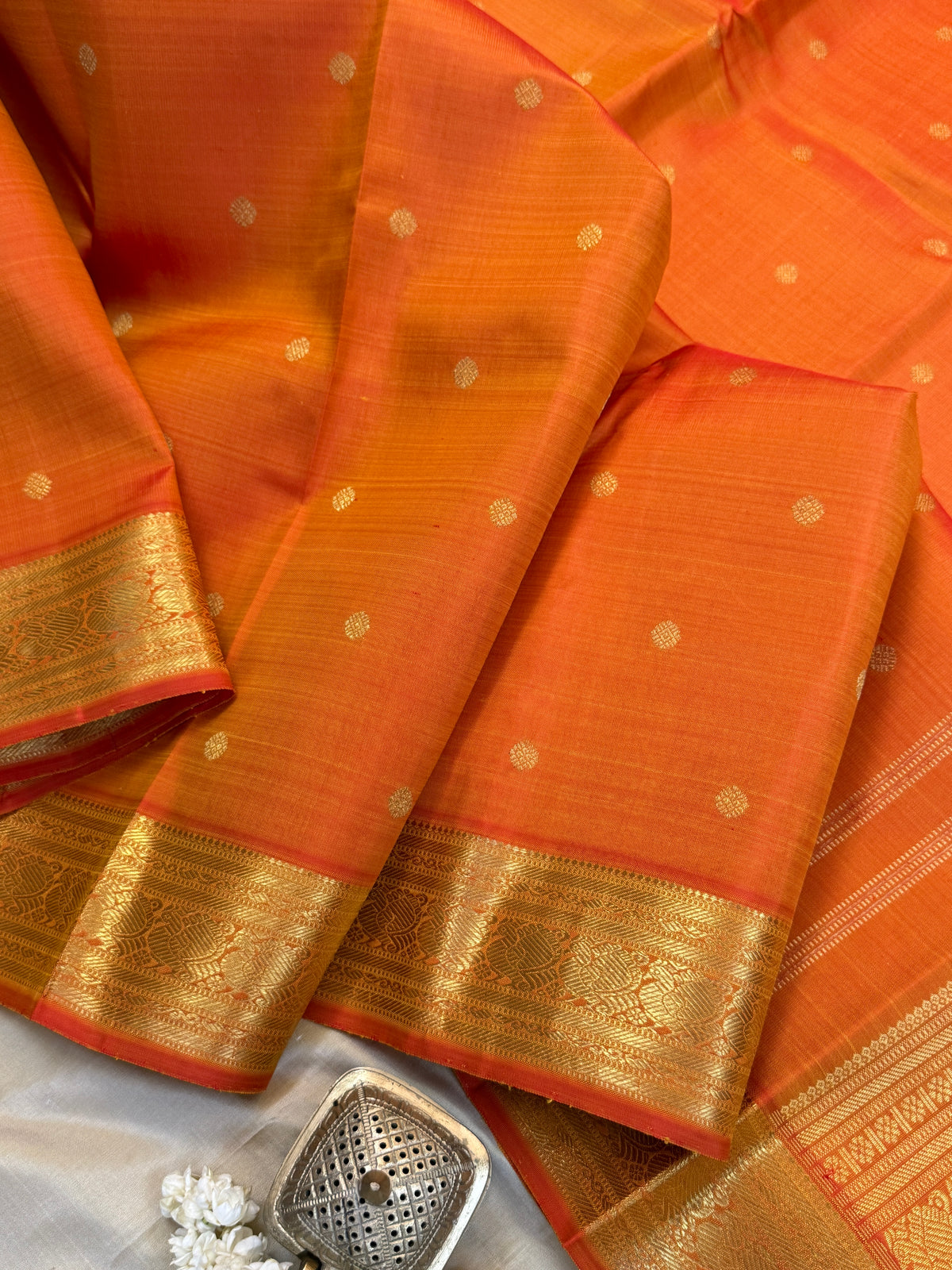 Navarathri - Day 5 Orange Colour pure Zari butta getti border /Kanjipuram silk sree Clsa 10590
