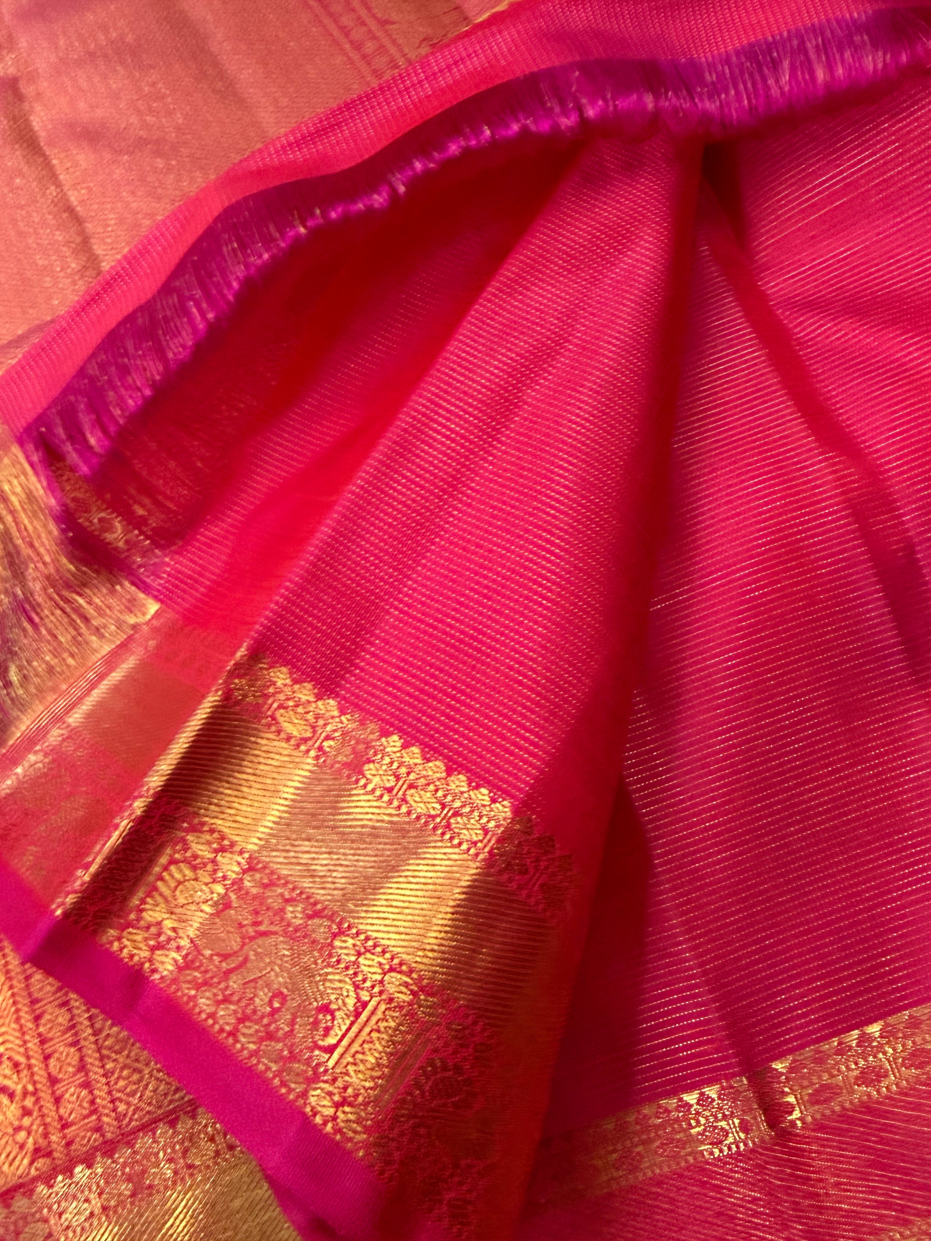 Mann : pink Vairaoosi earthy hues in pure Zari Kanjipuram silk