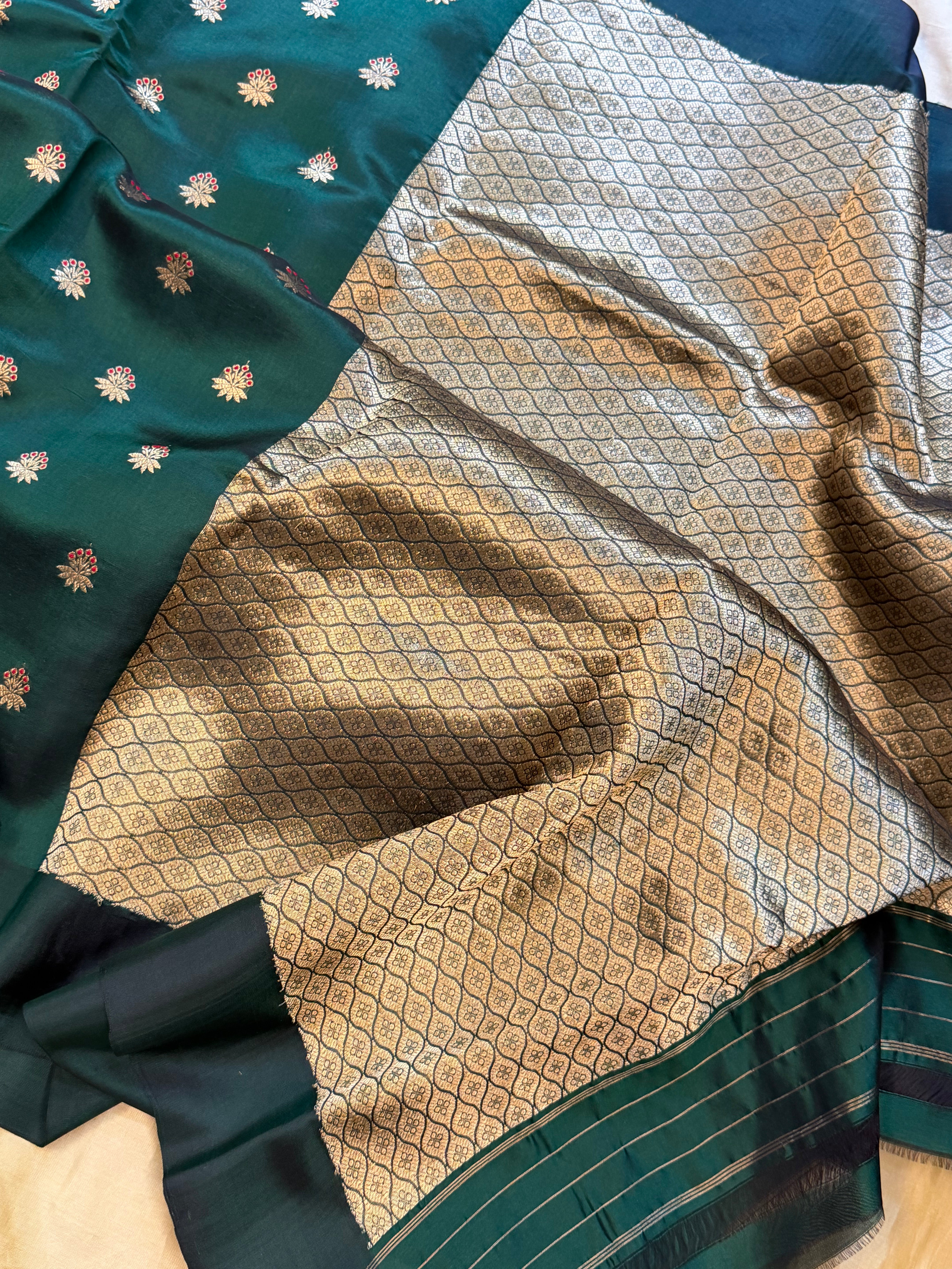 Dark bottle green meenakari hazar / revival Chanderi silk