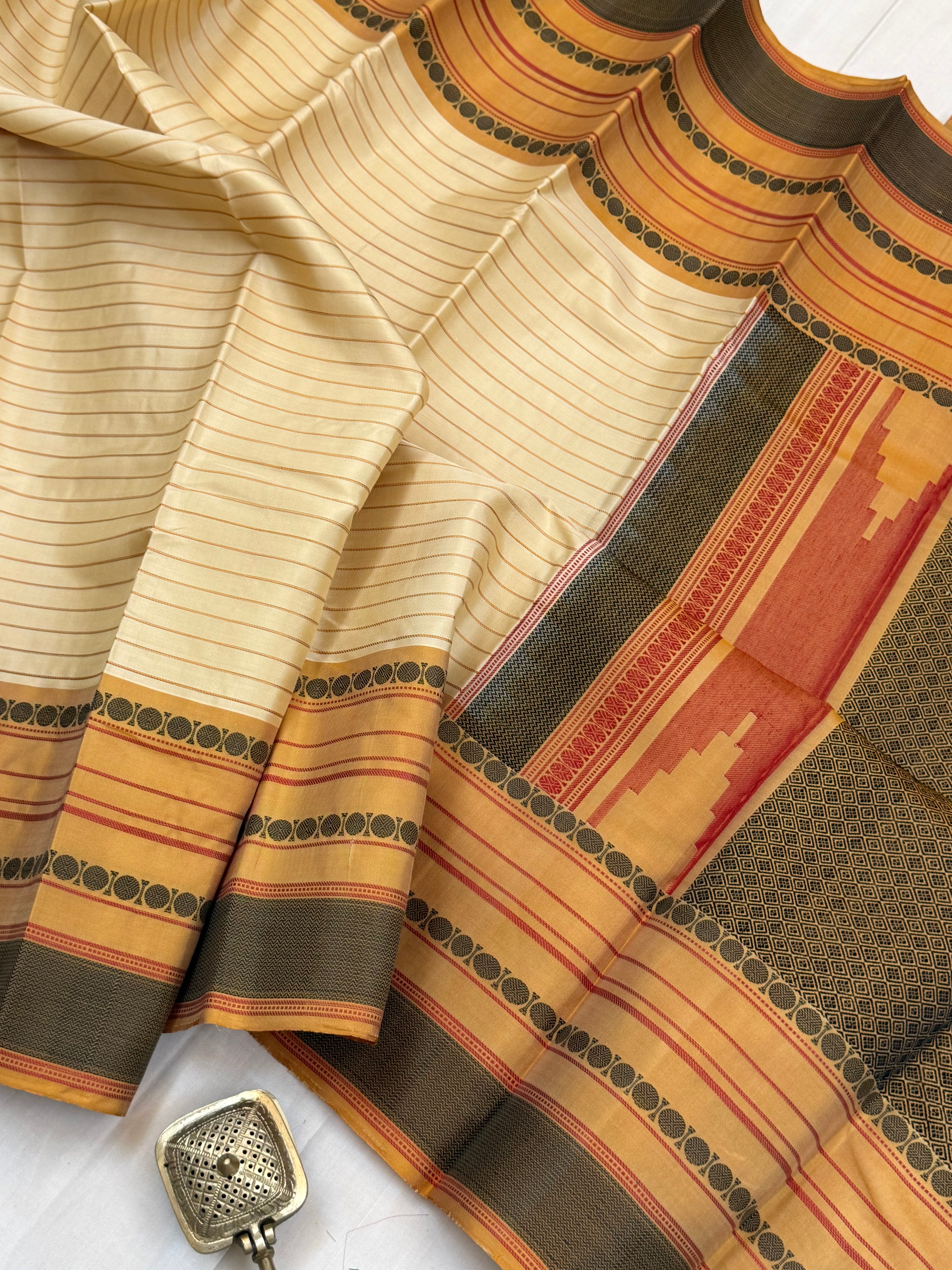 Offwhite stripes varisapet border/ Varnangal Thread work   CLSA11274