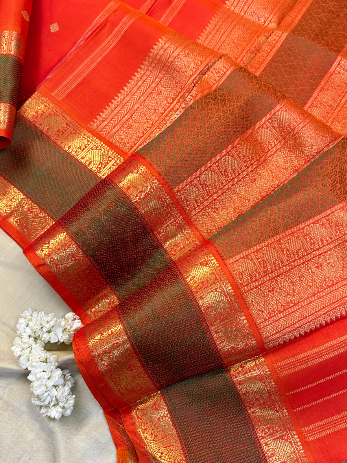 Navarathri - Day 5 Orange Colour pure Zari butta getti border /Kanjipuram silk sree Clsa6000