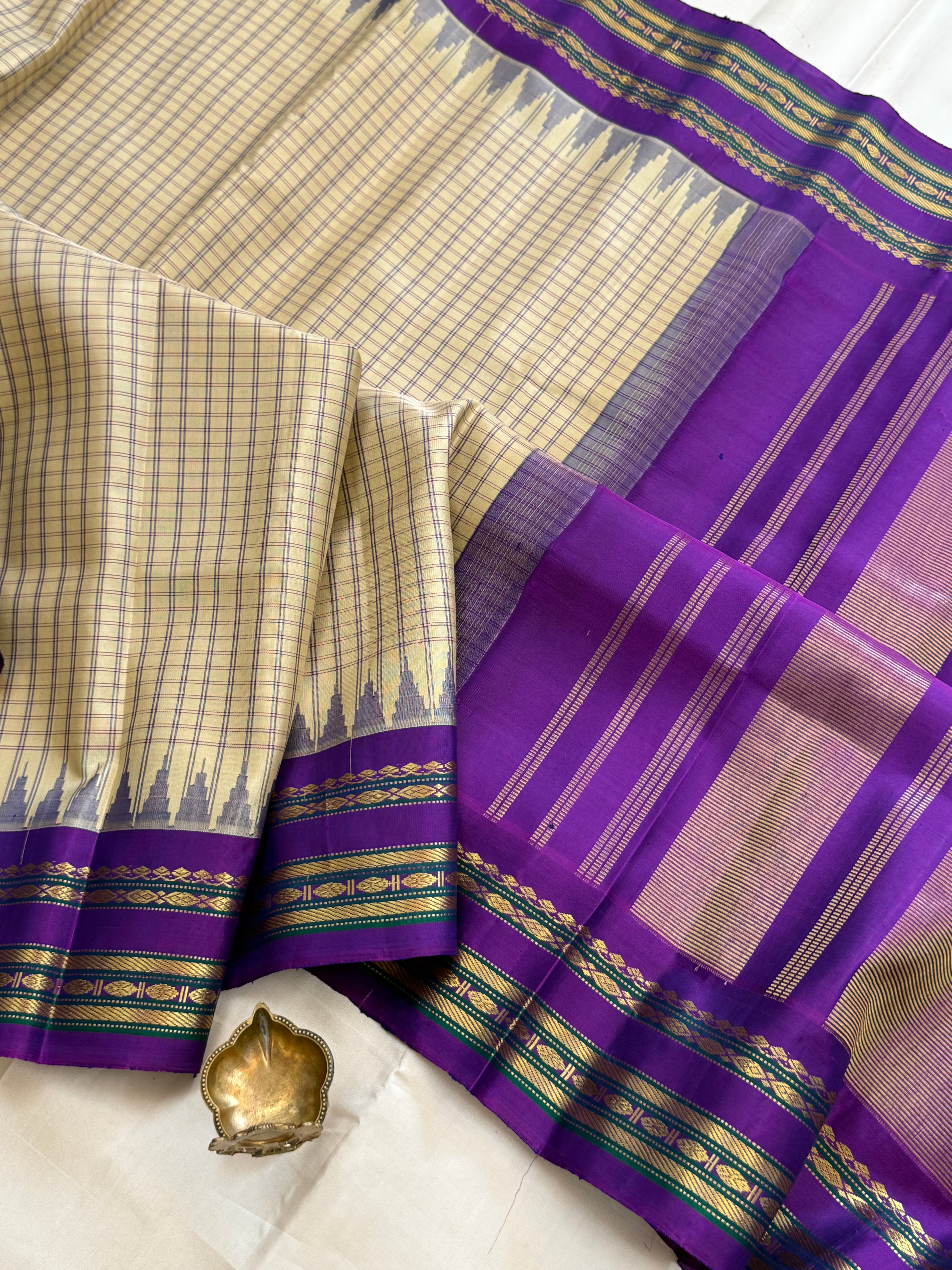 Cream body check with purple temple border  / Gadwal silk CLSA11297