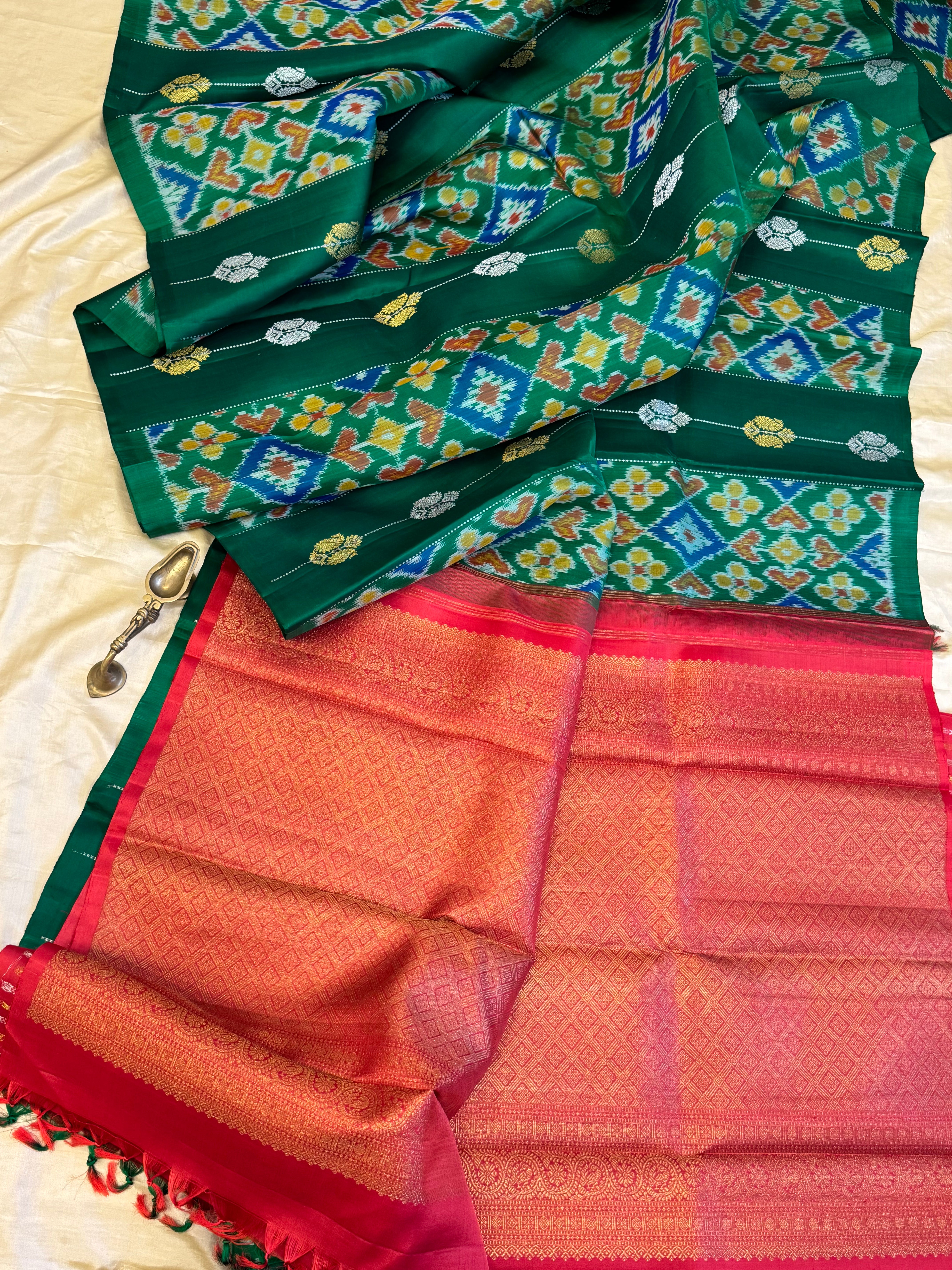 Green  Ikkat fusion kanjipuram saree