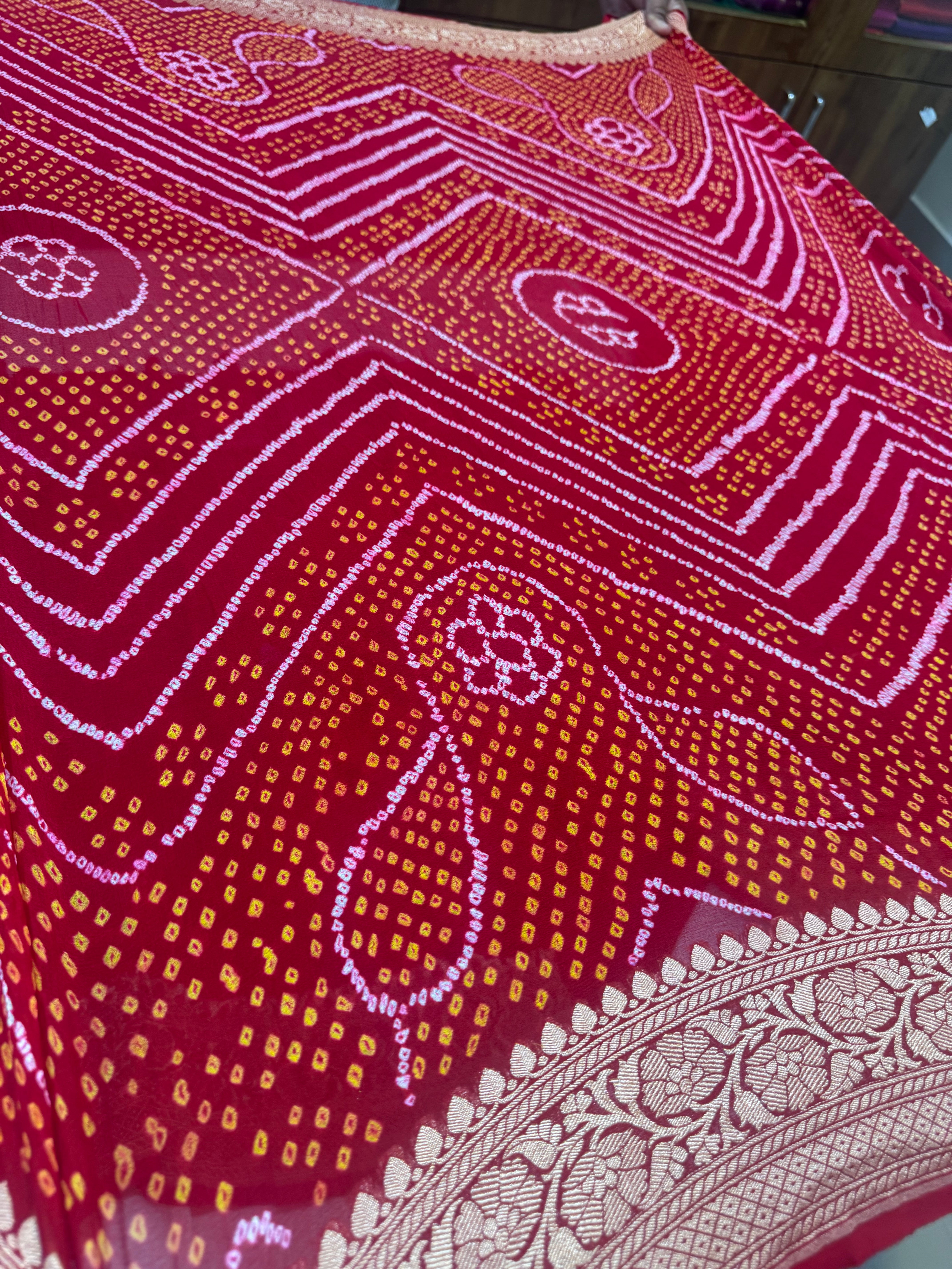 Red Benarsi georgette Bandhini sarees