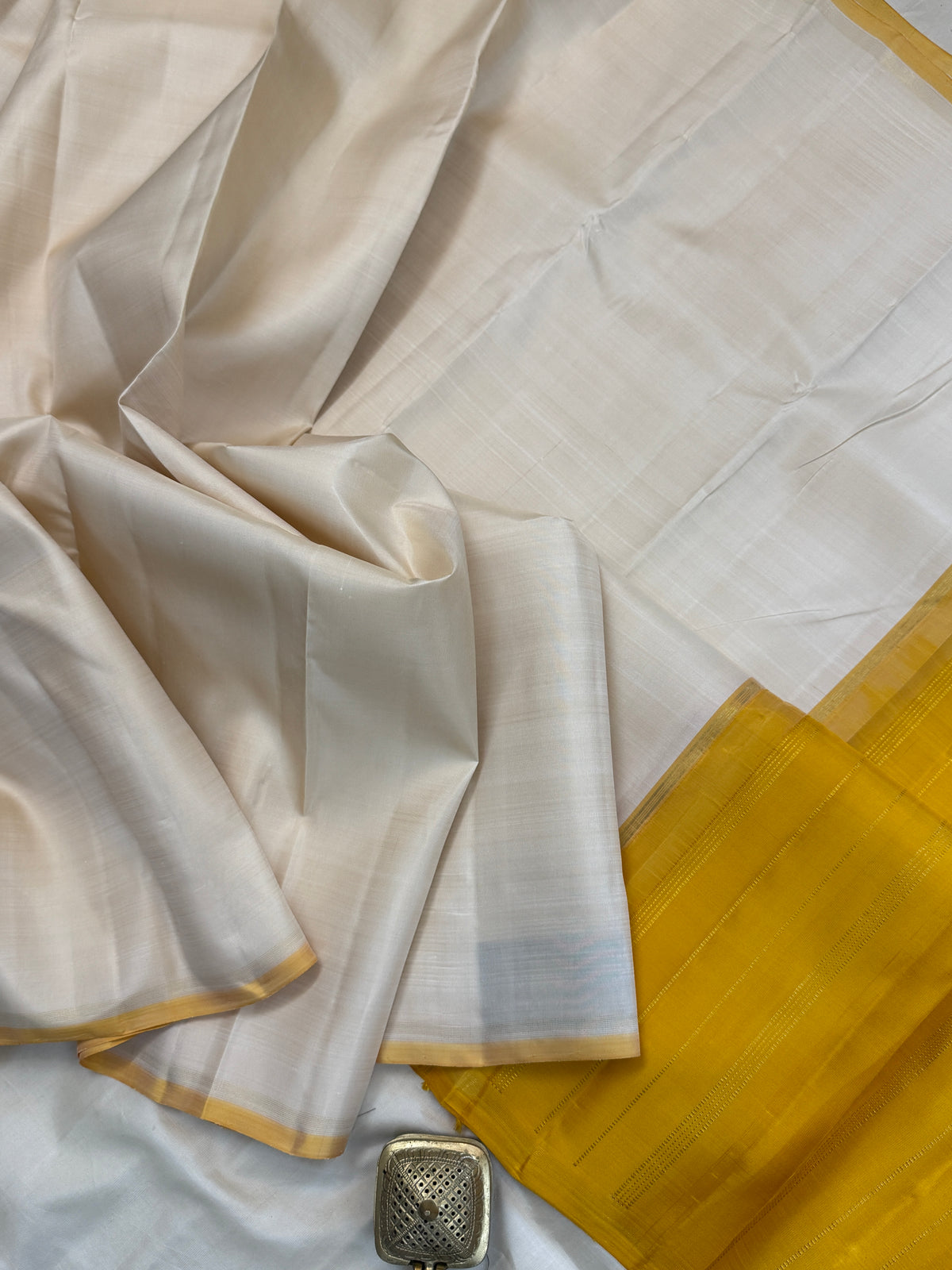 Off white and mustard pure Zari/kanjipuram silk saree clsa 12309