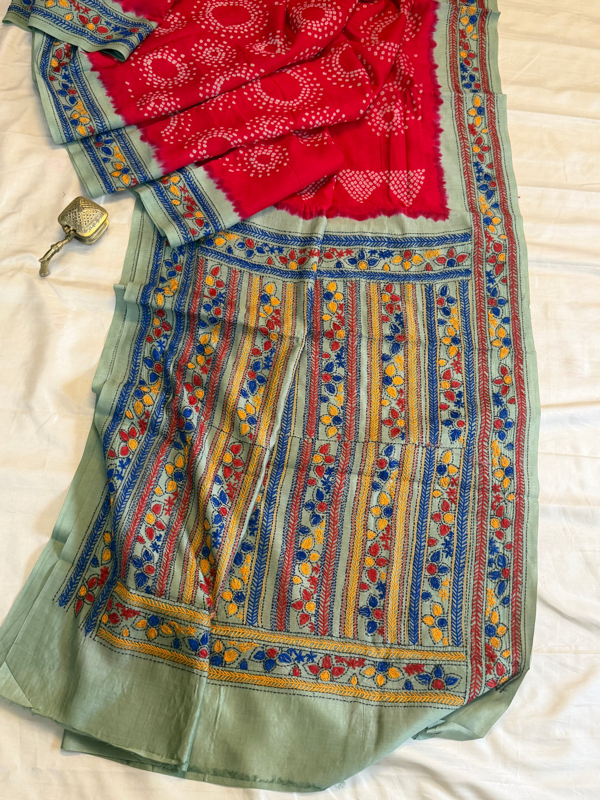 Red Bandhini with Kantha work in silk