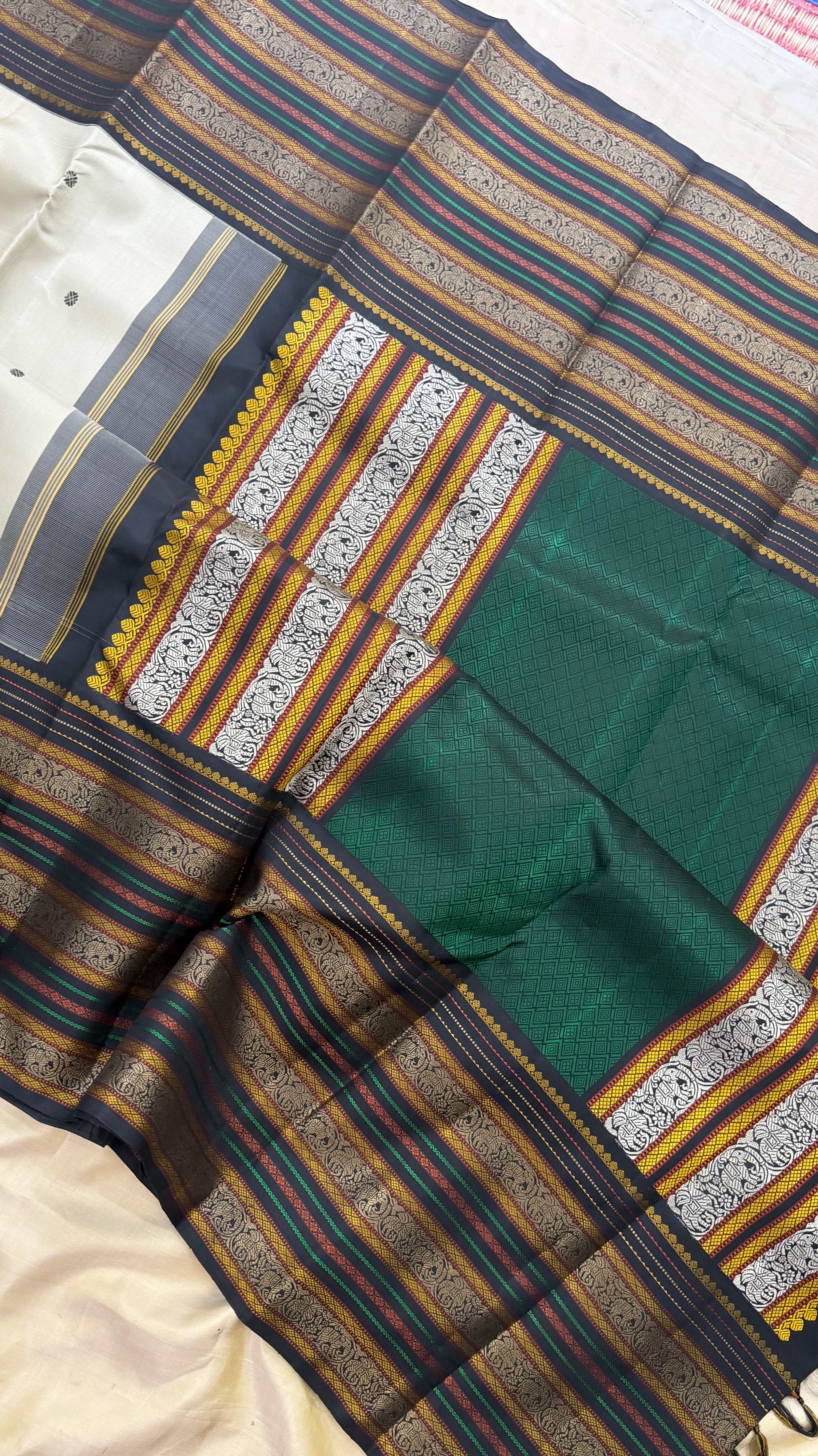Amoha : cloudy white thread work  Korvai Kanjipuram silk 9087CL