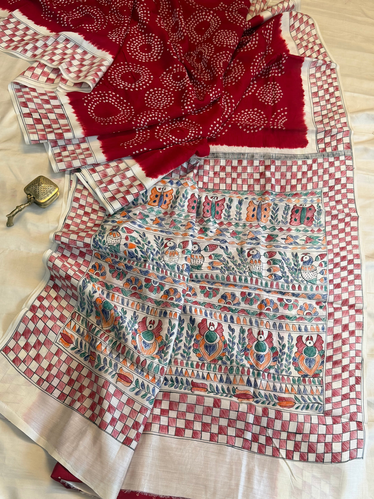 Red Bandhini with Madhubani work in silk