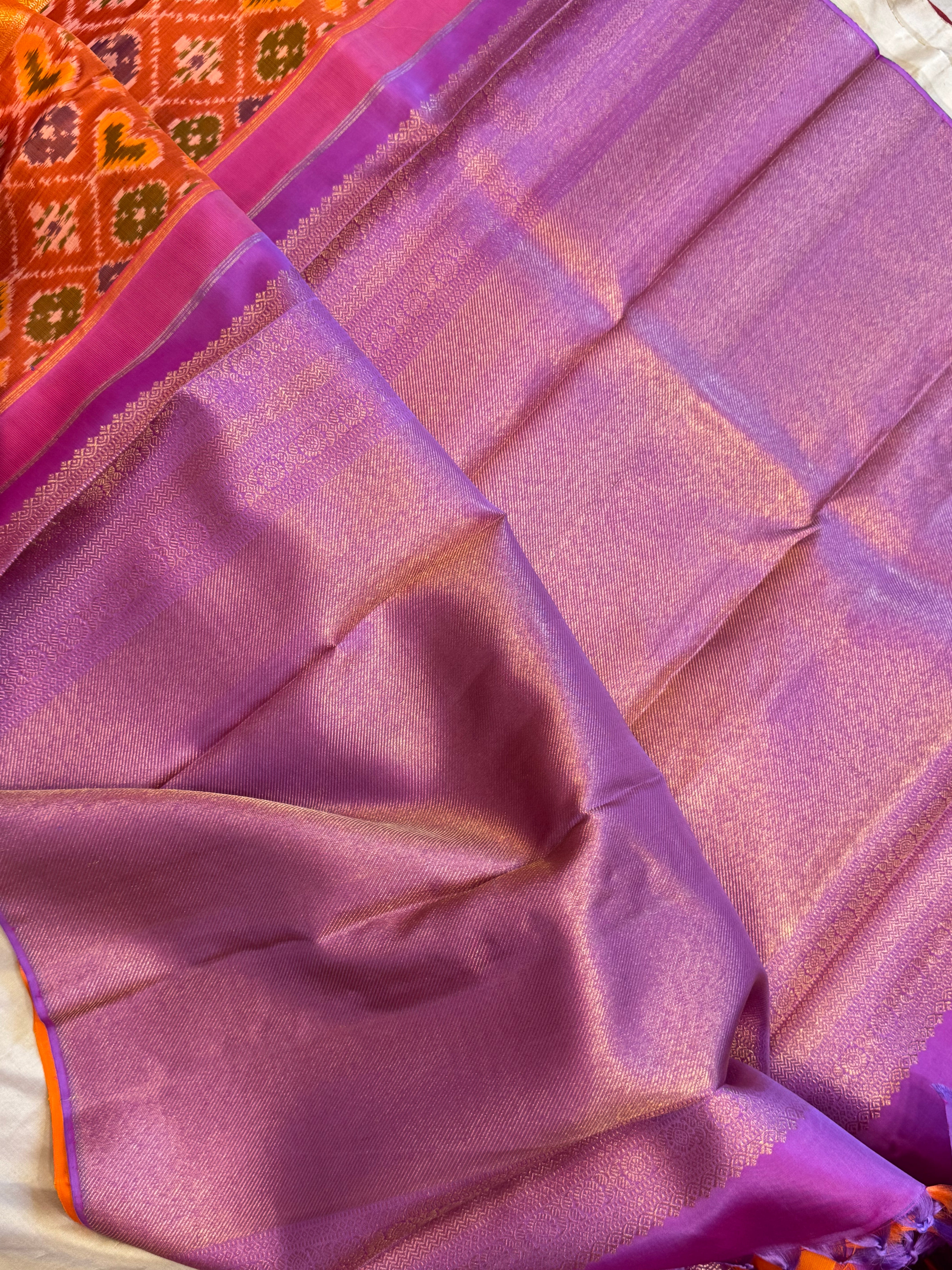 Orange Ikkat fusion kanjipuram saree