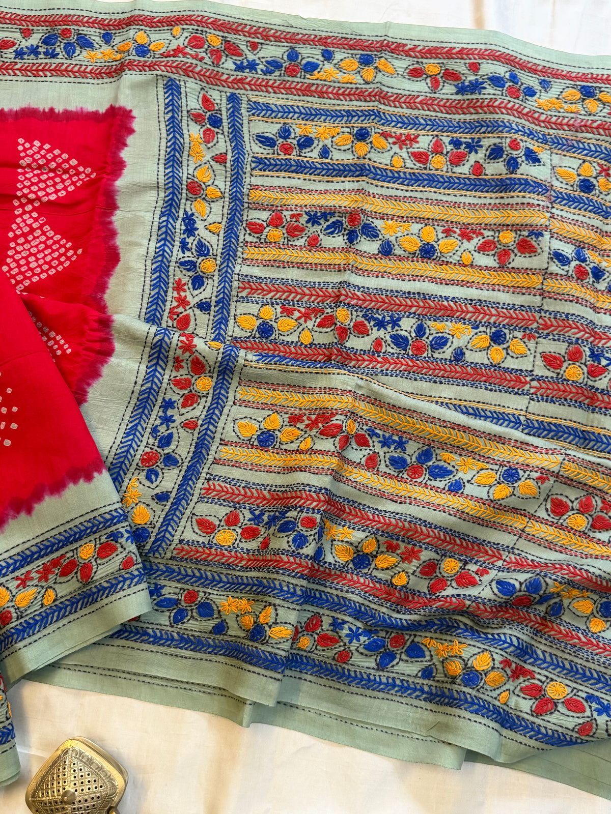 Red Bandhini with Kantha work in silk