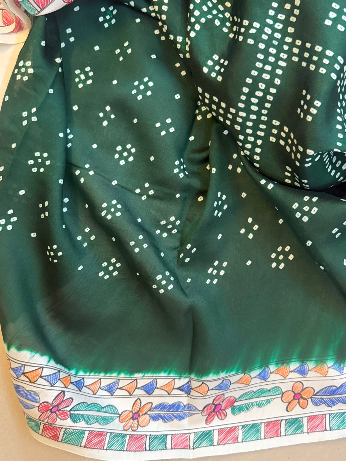 Green  Bandhini with Madhubani work in silk