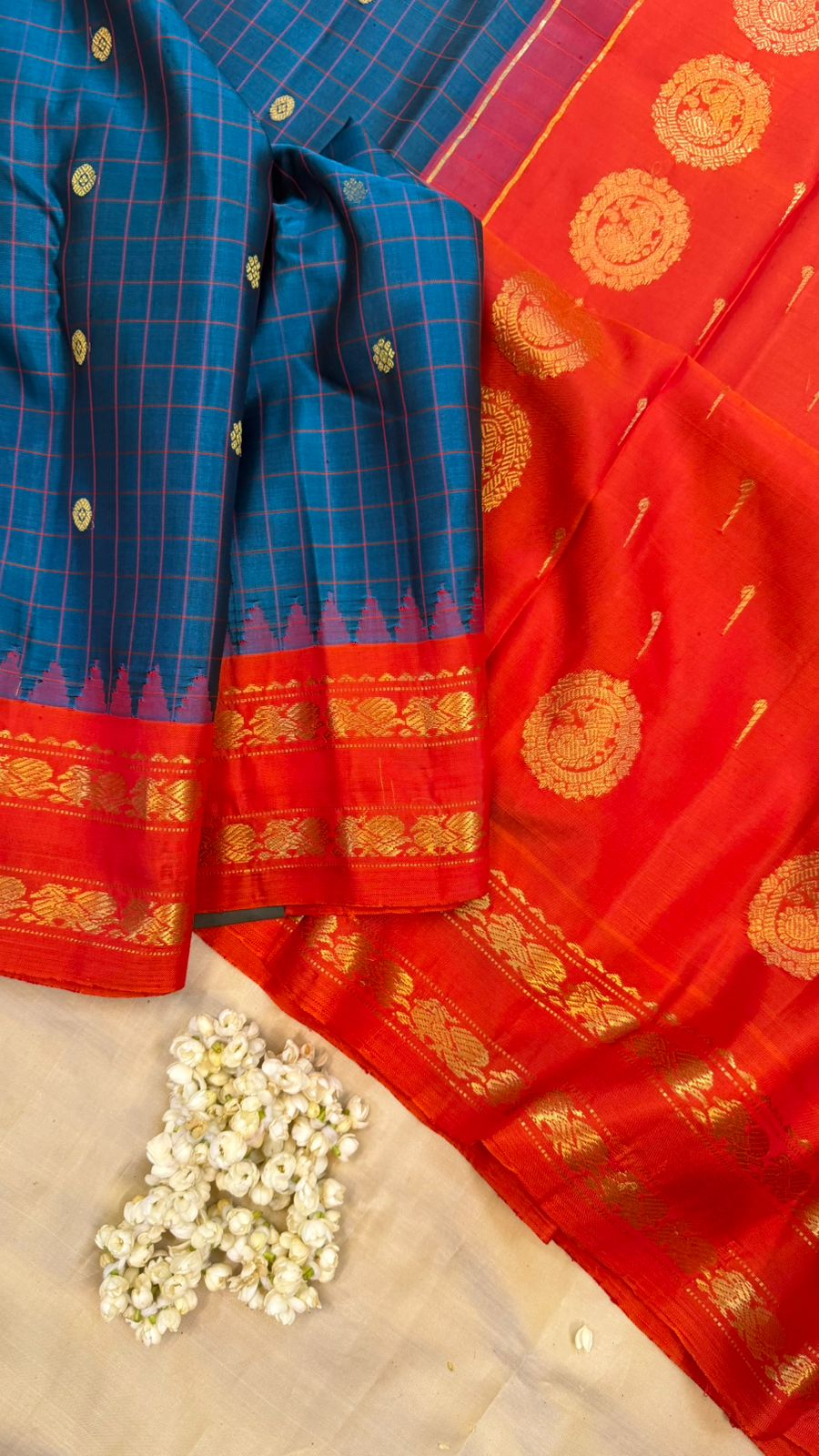Mayilkazhuthu and red shot orange / Gadwal silk