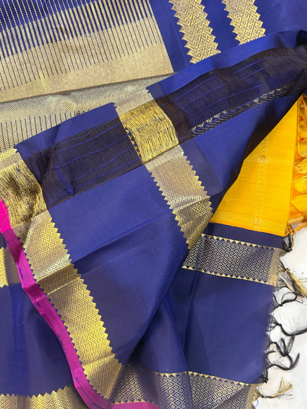 Yellow - Day 1 Navarthri colour pure Zari Kanjipuram silk / golden yellow Kattam Butta Korvai