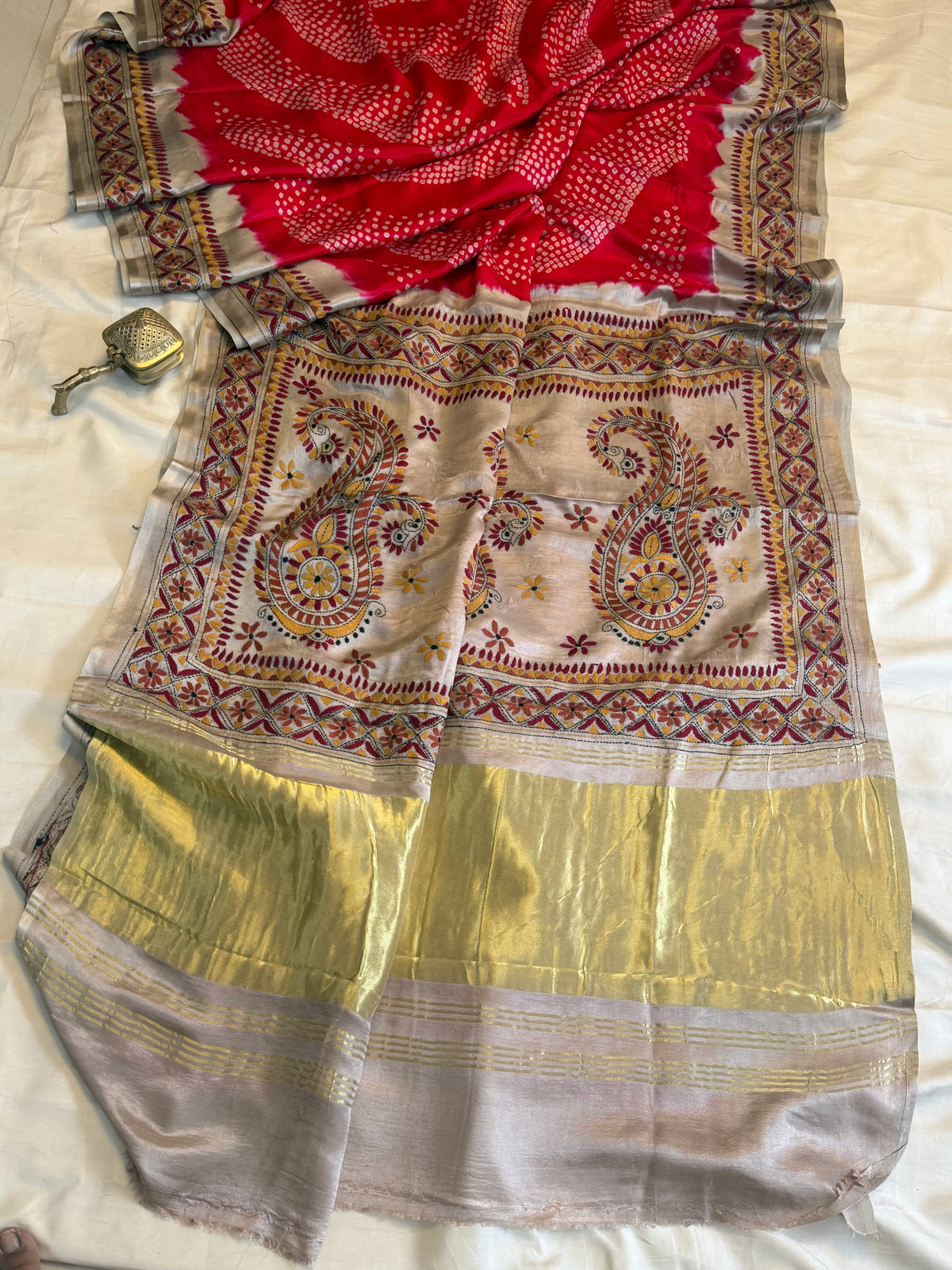 Reddish orange Bandhini with Kantha work in gajji silk