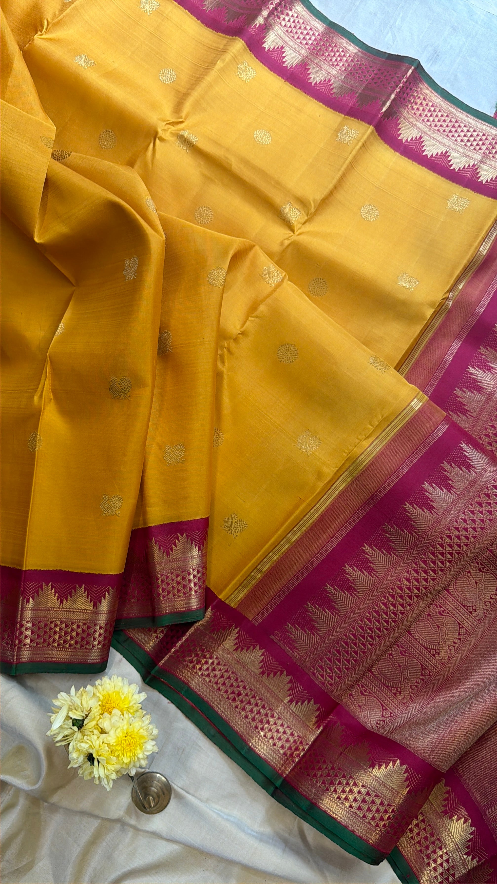 Golden yellow and araku araimadam and temple border kai korvai/ kanjipuram silk