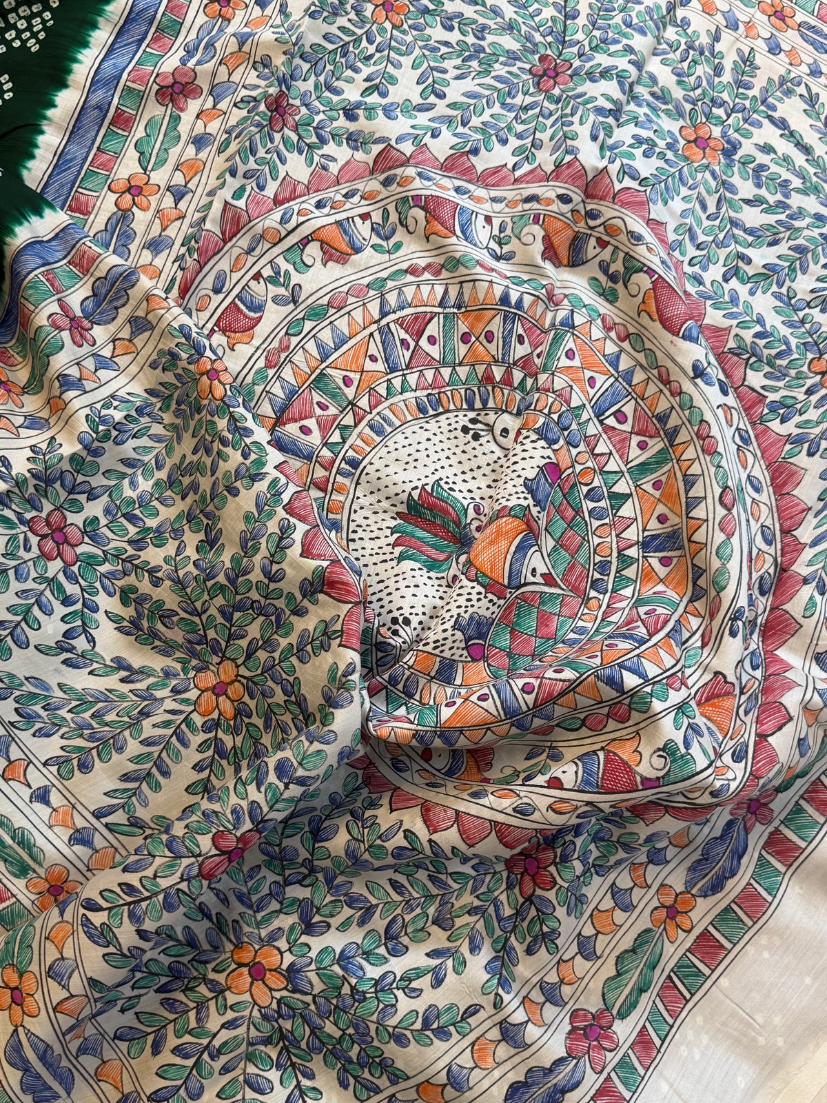 Green  Bandhini with Madhubani work in silk