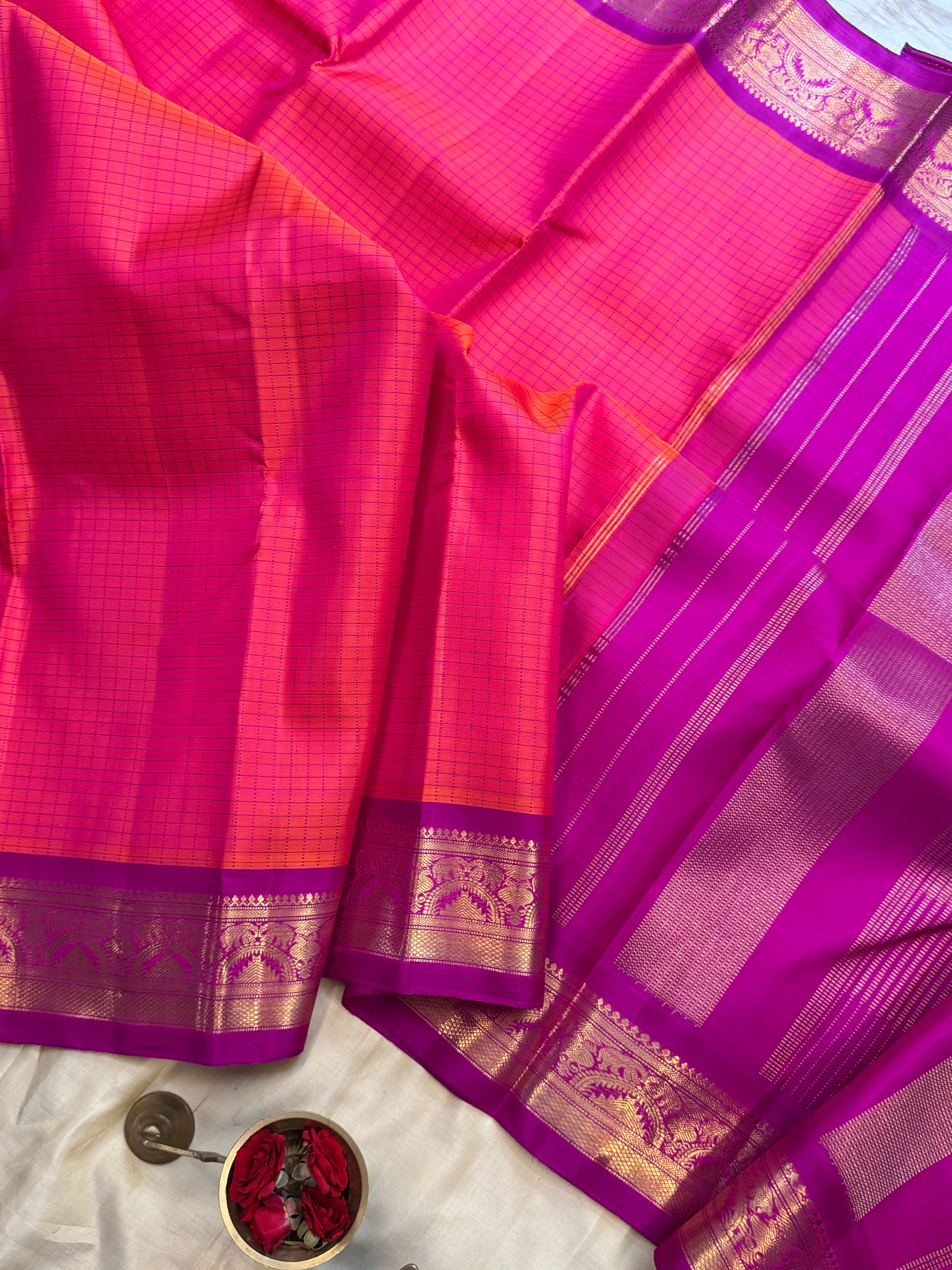 Pinkish purple checks / Kanjipuram silk