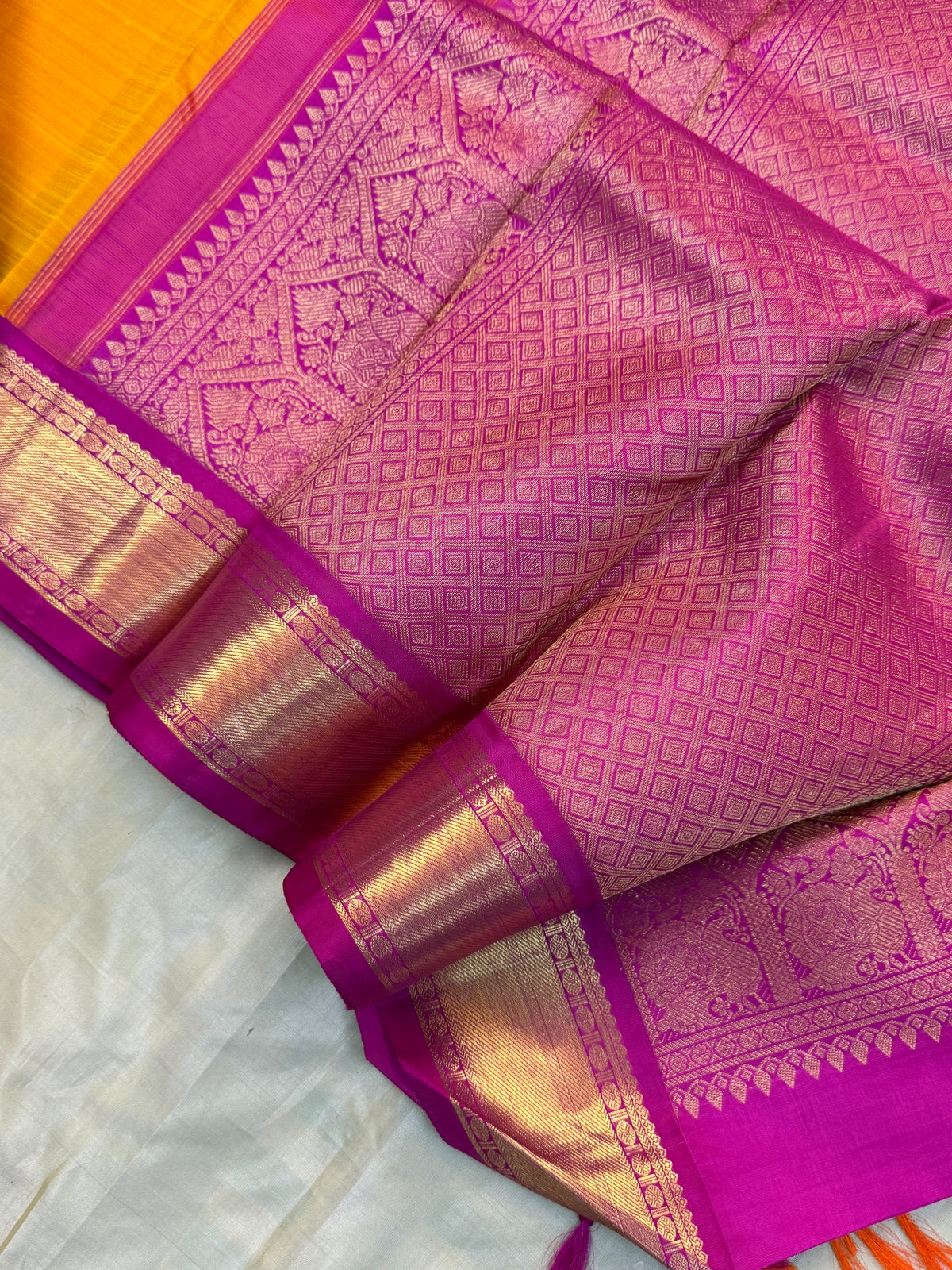 Mango yellow and pink border Korvai/Aarani silk saree clsa 6689