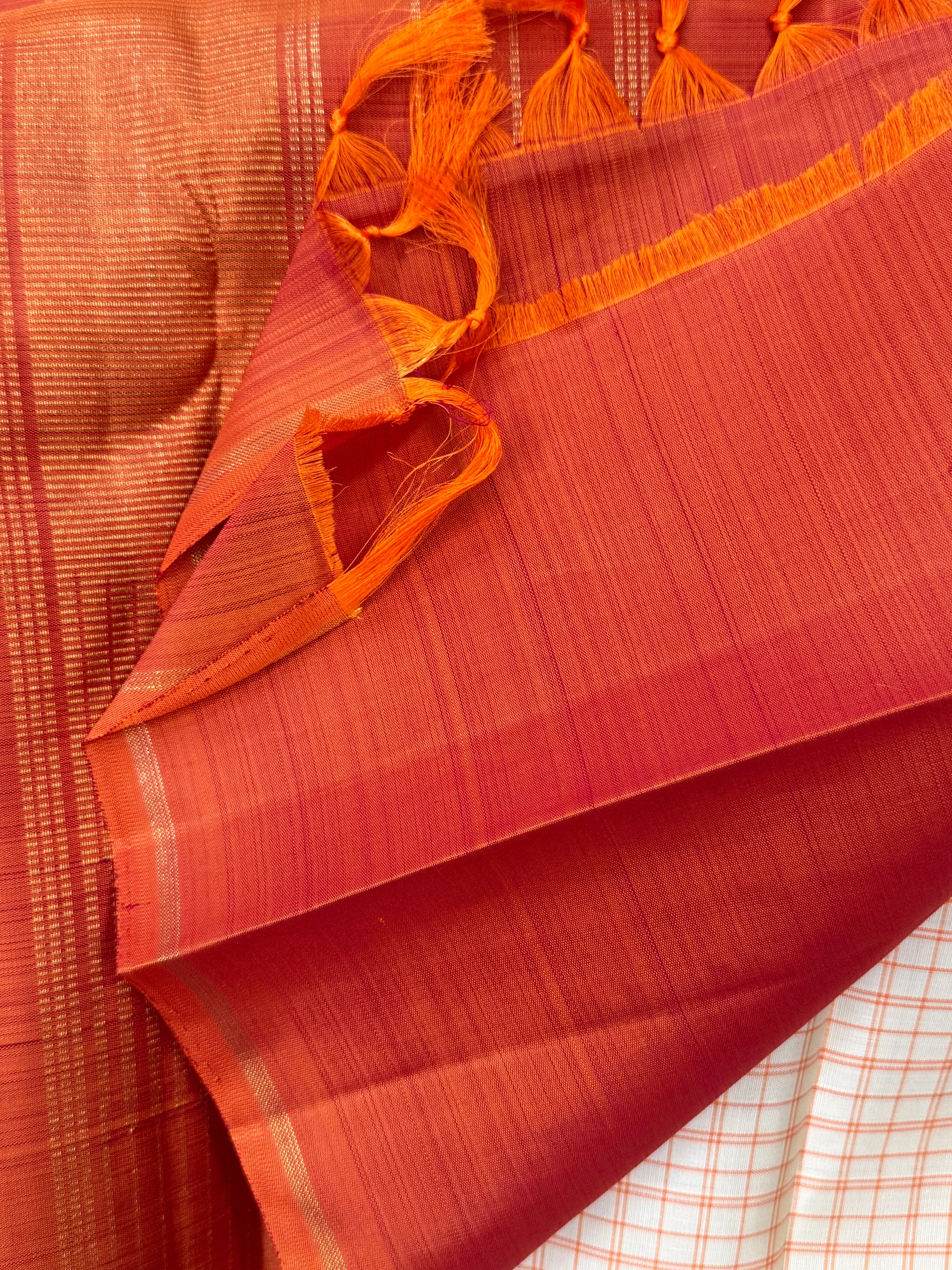 Offwhite and orange checks / Kanjipuram silk
