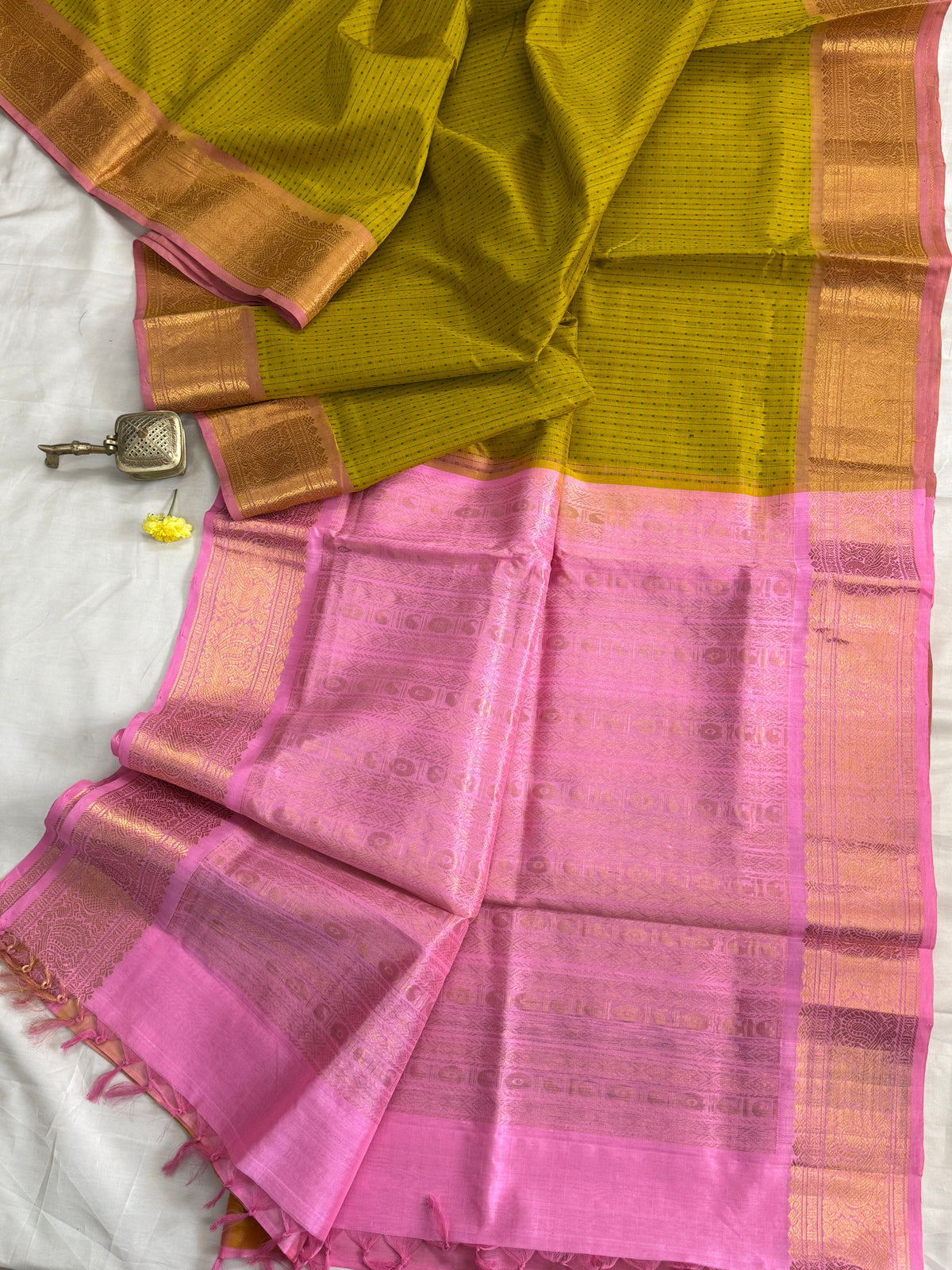 Sampanga with pink lakshambutta/ Silk Cotton Saree CLSA10417