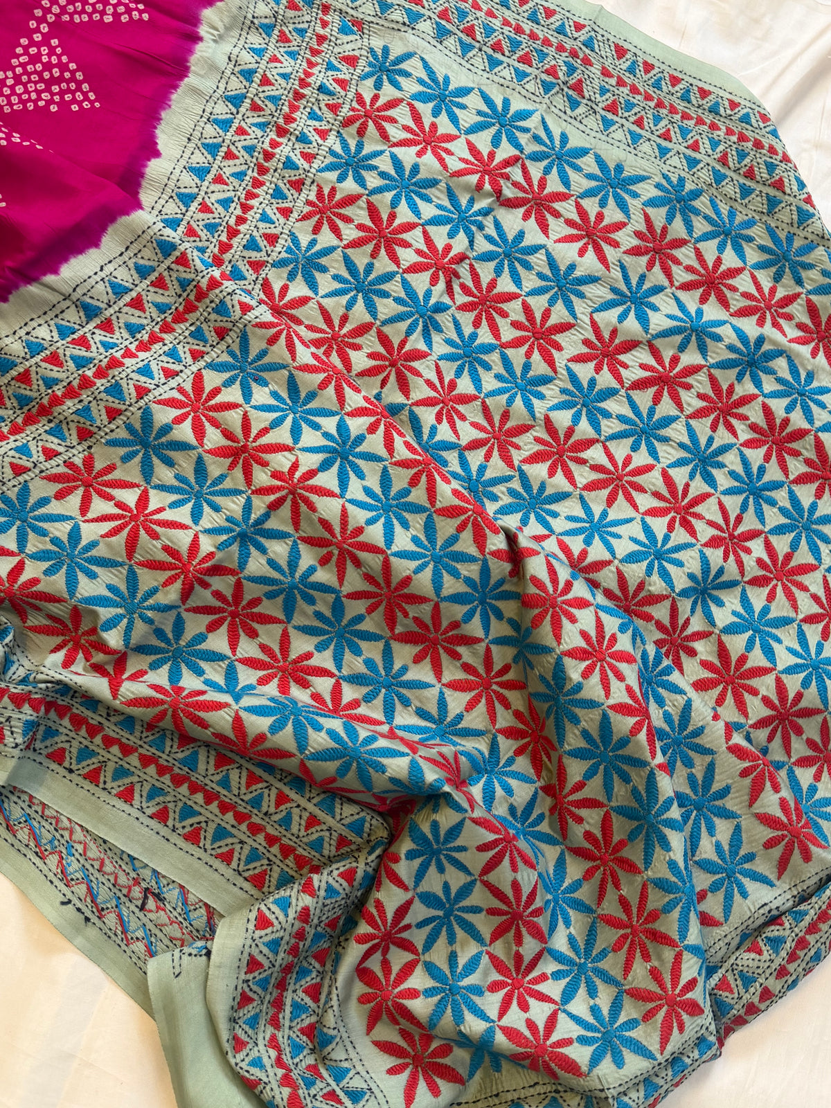 Pink Bandhini with Kantha work in silk