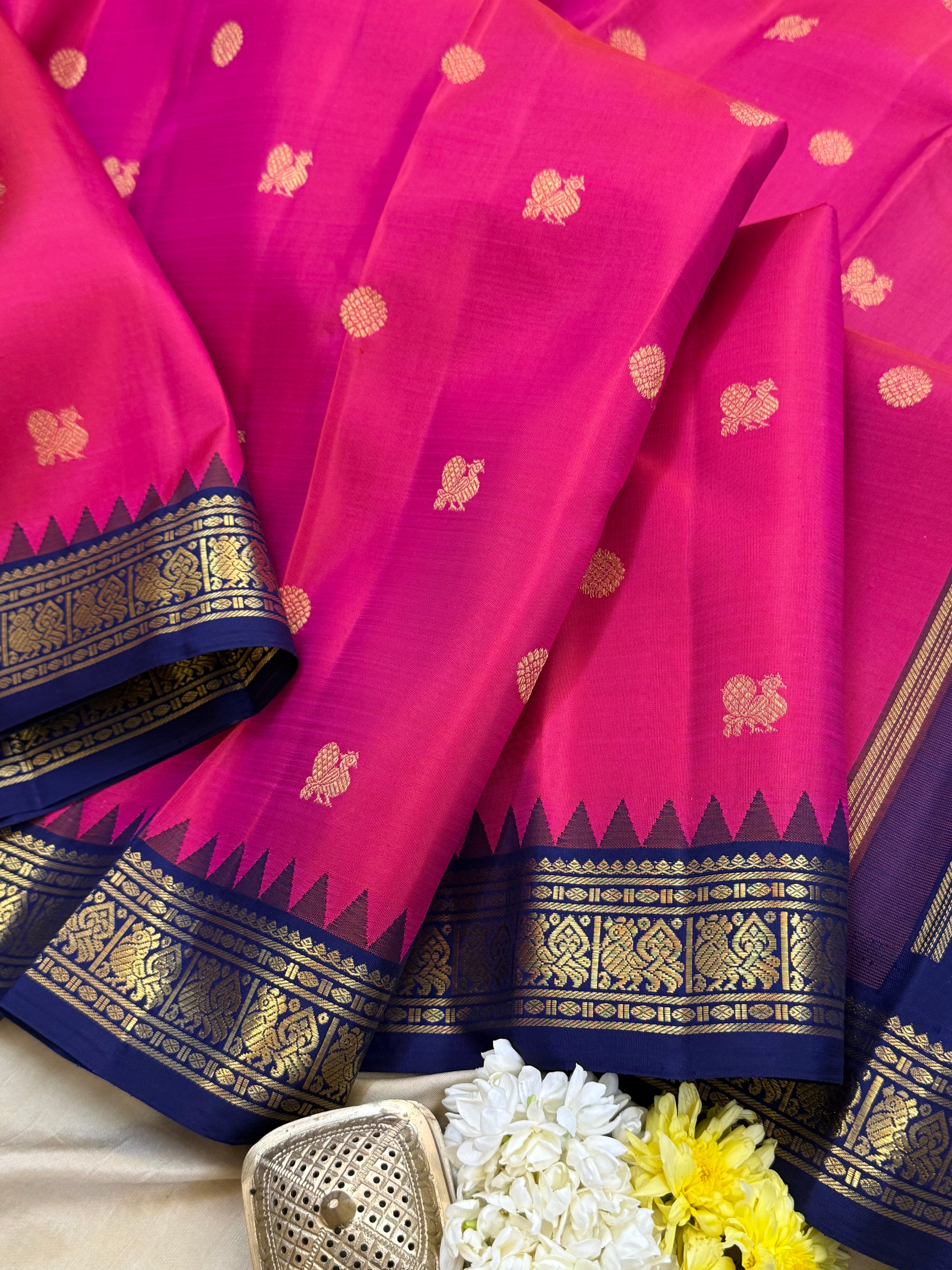 PINK WITH NAVY BLUE SMALL TEMPLE KORVAI/ KANJIPURAM SILK CLSA 10375
